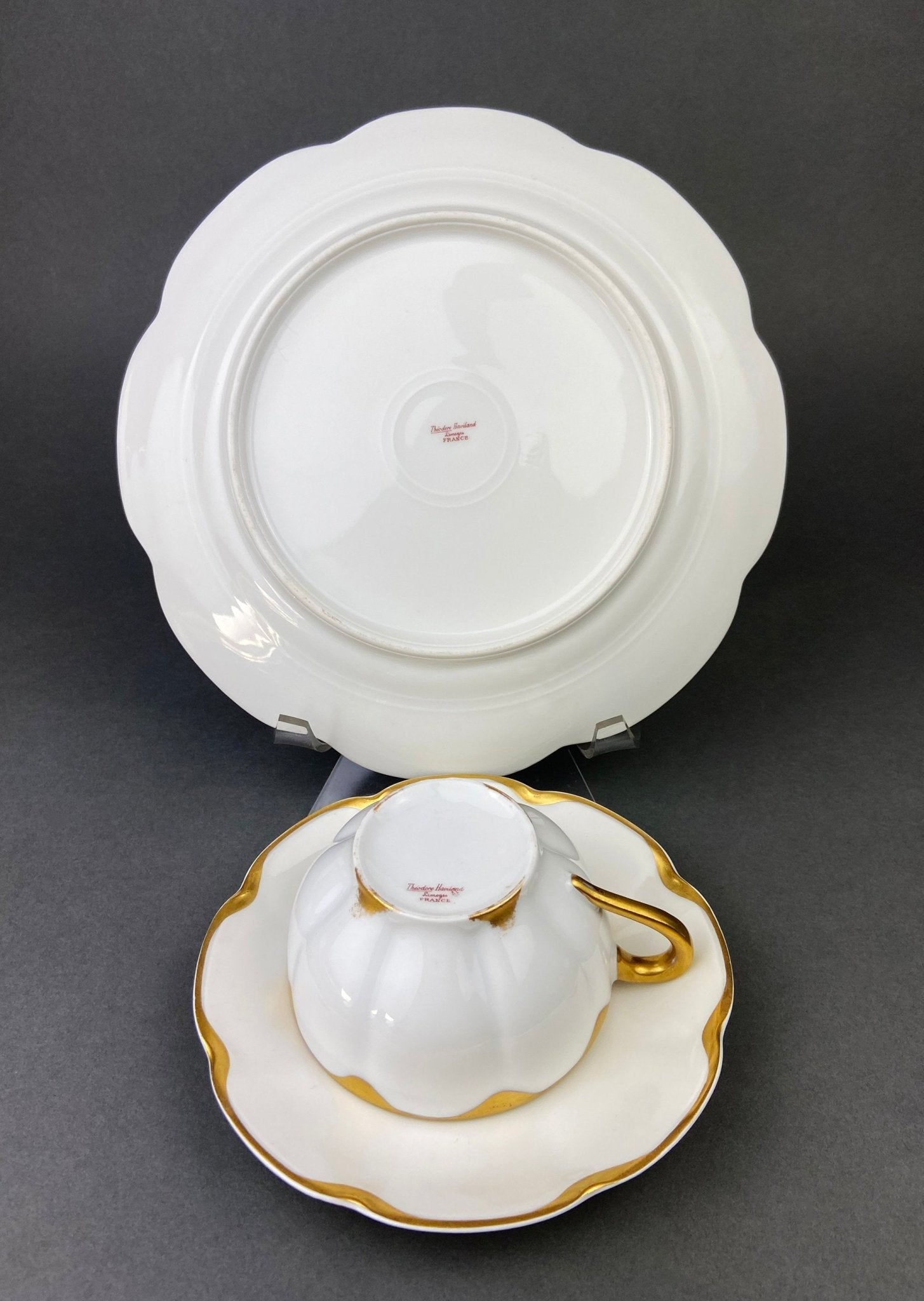 Antique Limoges Porcelain Tea Set/Trio. Tea Cup, Saucer and Salad Plate. White China with Scalloped Gold Rim, Theodore Haviland, France. - Overture Gifts