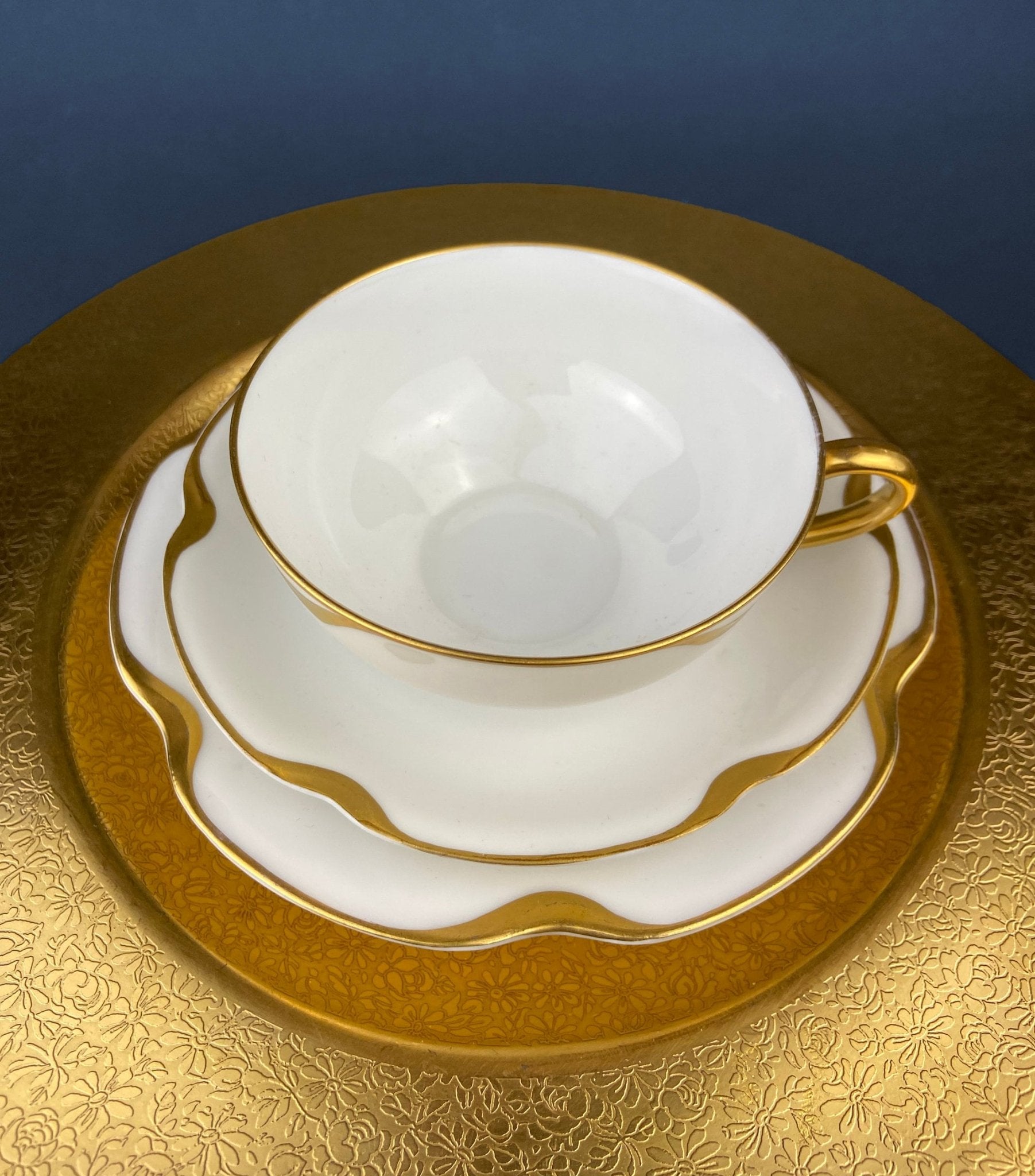 Antique Limoges Porcelain Tea Set/Trio. Tea Cup, Saucer and Salad Plate. White China with Scalloped Gold Rim, Theodore Haviland, France. - Overture Gifts