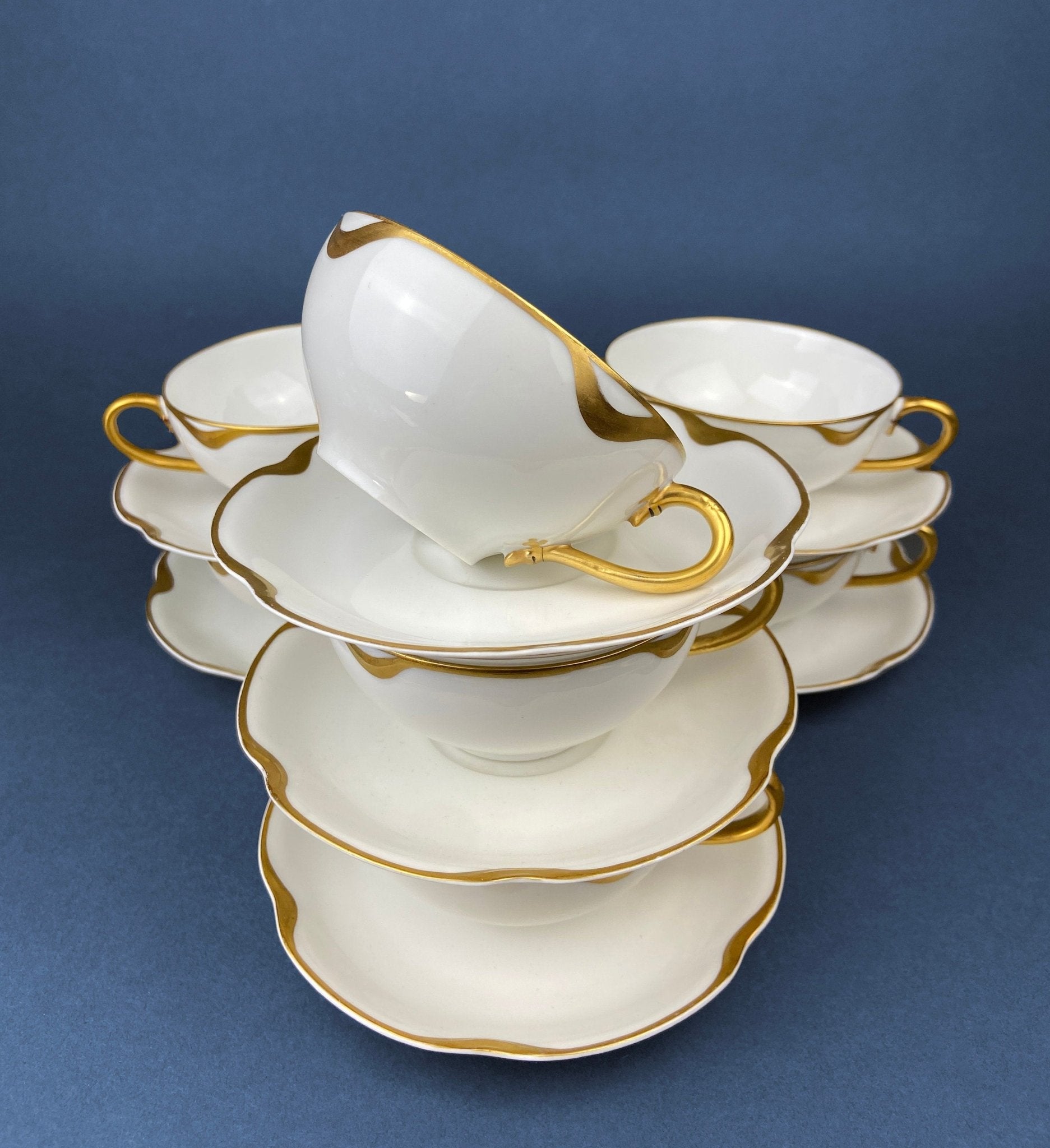 Antique Limoges Porcelain Tea Set/Trio. Tea Cup, Saucer and Salad Plate. White China with Scalloped Gold Rim, Theodore Haviland, France. - Overture Gifts