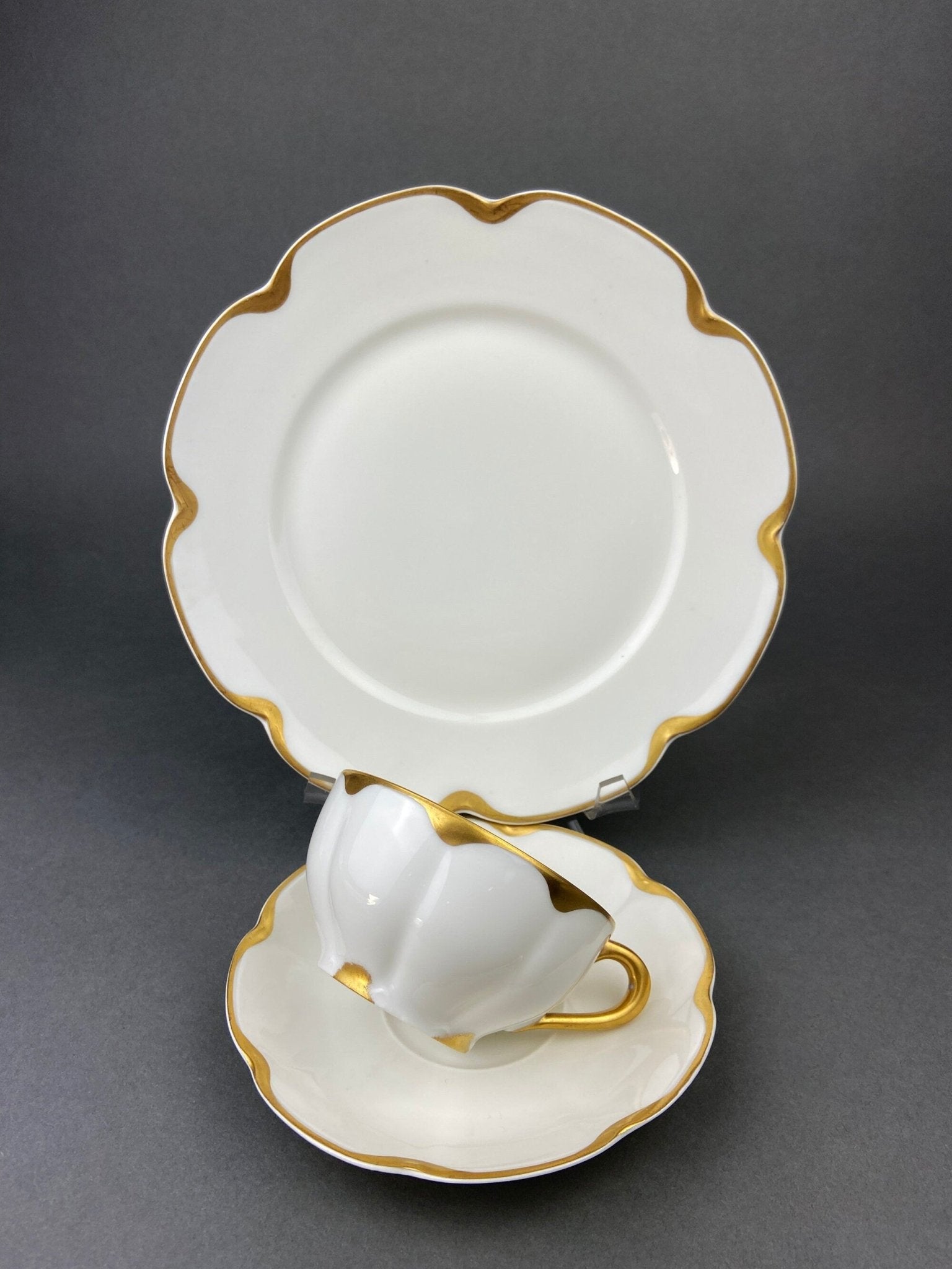 Antique Limoges Porcelain Tea Set/Trio. Tea Cup, Saucer and Salad Plate. White China with Scalloped Gold Rim, Theodore Haviland, France. - Overture Gifts
