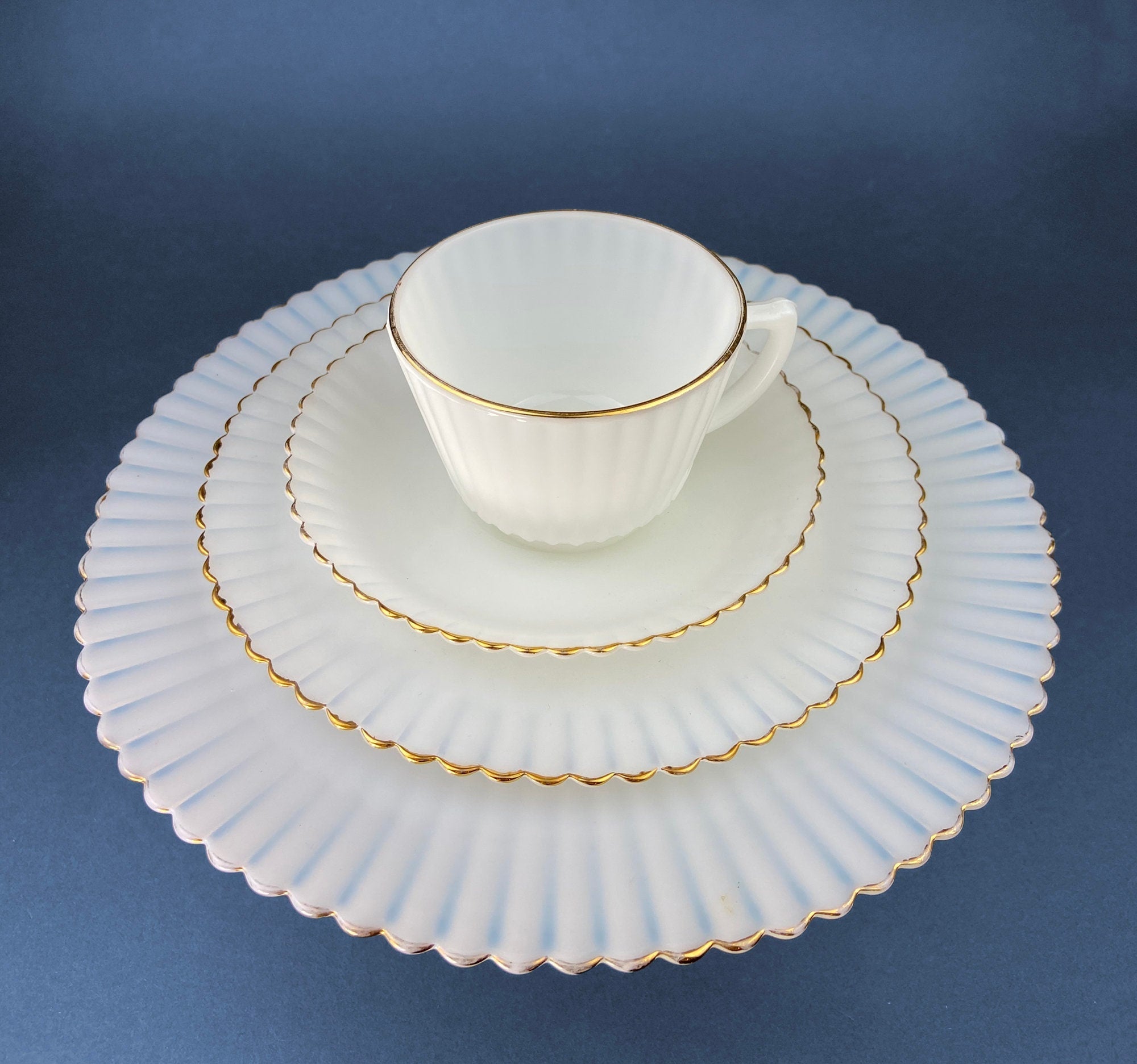 Antique Monax Petalware Opalescent Tea Set Trio. White and Gold Depression Glass Tea Cup, Saucer, Dessert or Salad Plate & Serving Plate. - Overture Gifts