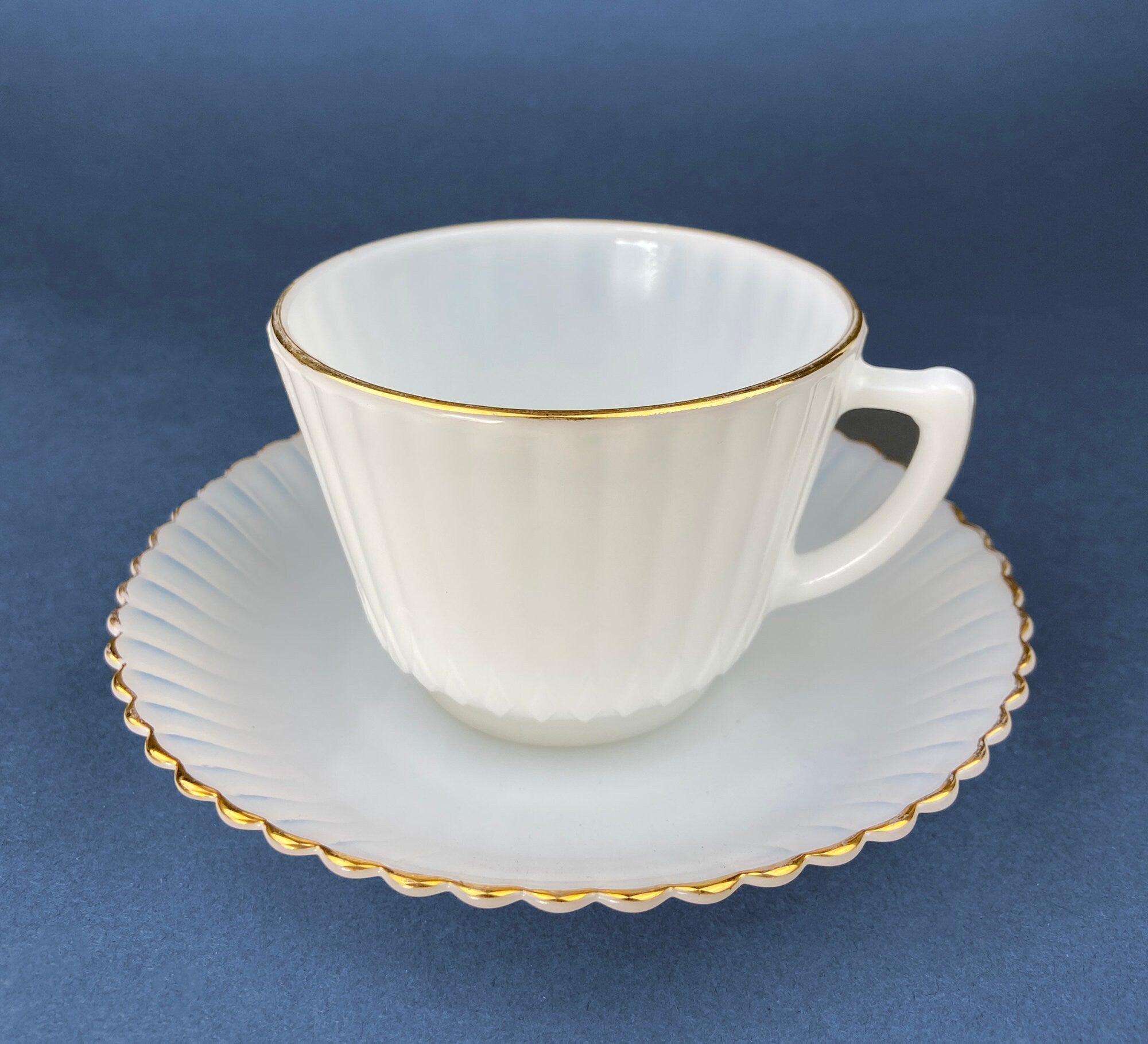 Antique Monax Petalware Opalescent Tea Set Trio. White and Gold Depression Glass Tea Cup, Saucer, Dessert or Salad Plate & Serving Plate. - Overture Gifts