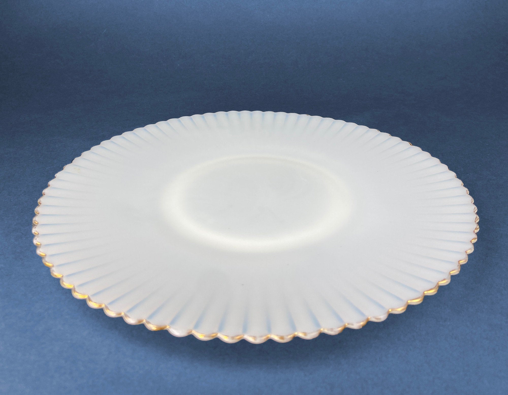 Antique Monax Petalware Opalescent Tea Set Trio. White and Gold Depression Glass Tea Cup, Saucer, Dessert or Salad Plate & Serving Plate. - Overture Gifts