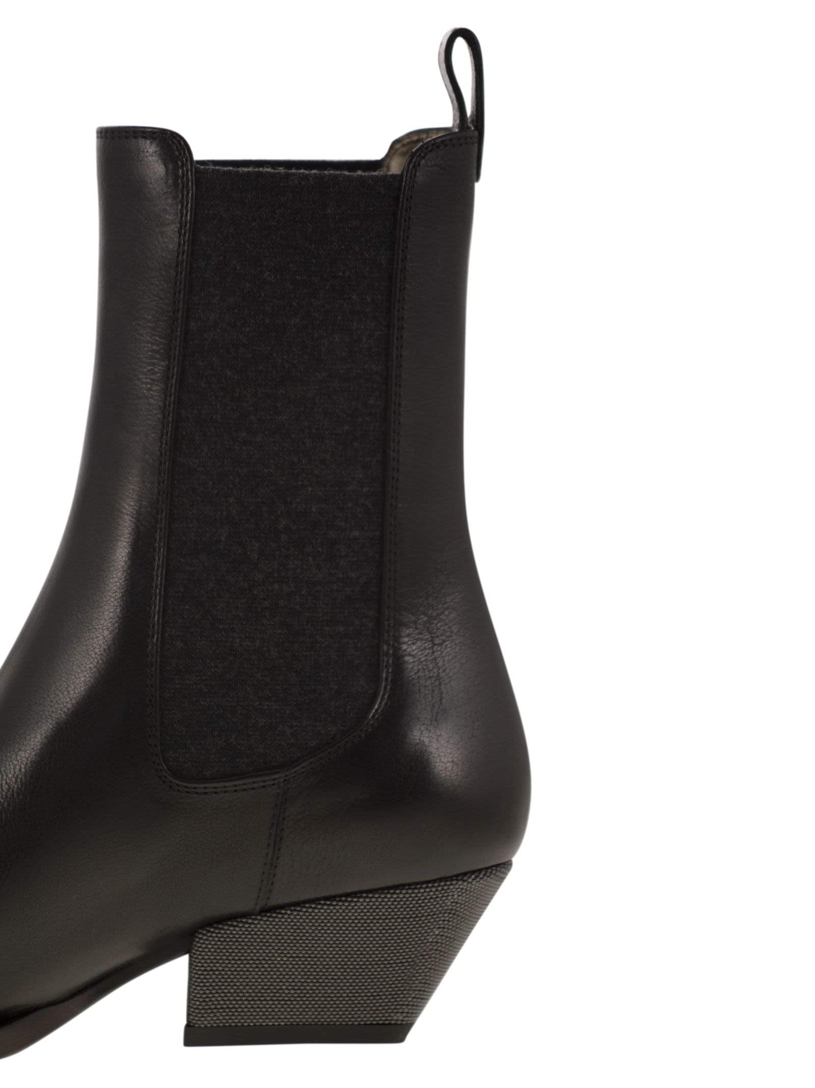 Brunello Cucinelli Women Classic Leather Chelsea Boot With Precious Block Heels