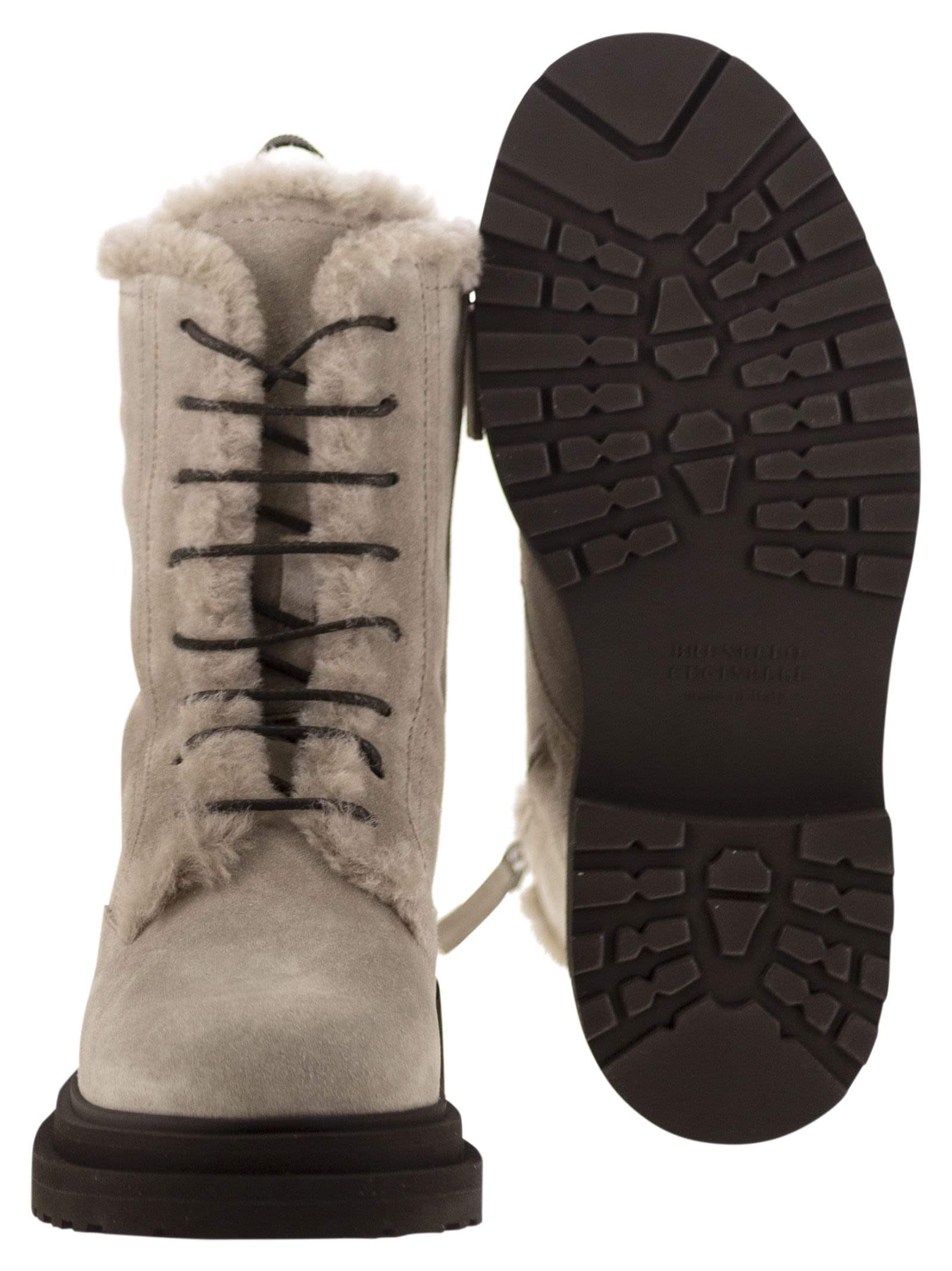 Brunello Cucinelli Women Suede Boot With Shearling Lining And Shiny Loop Detail