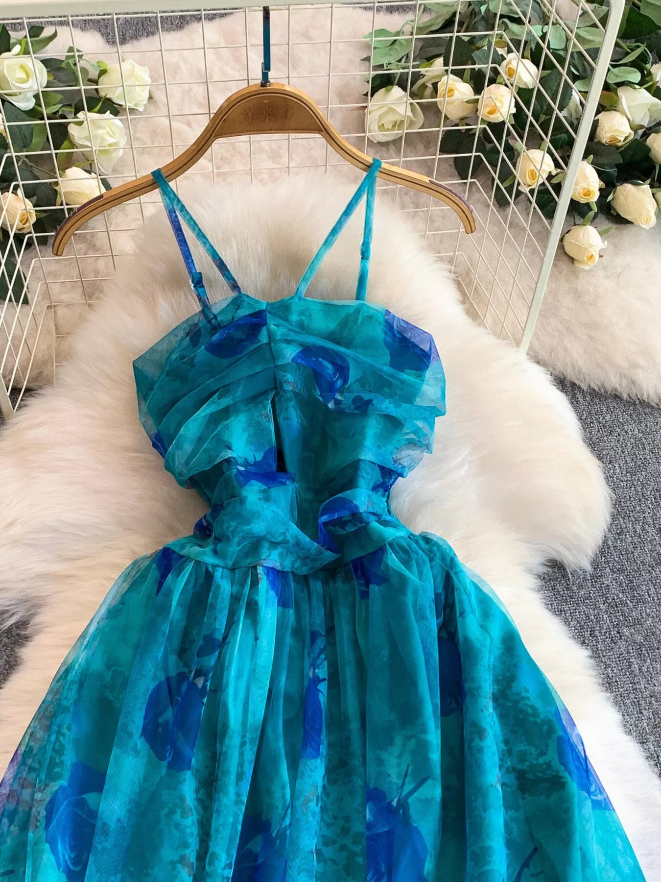 Floral Print Ruffled Layered Mesh Dress