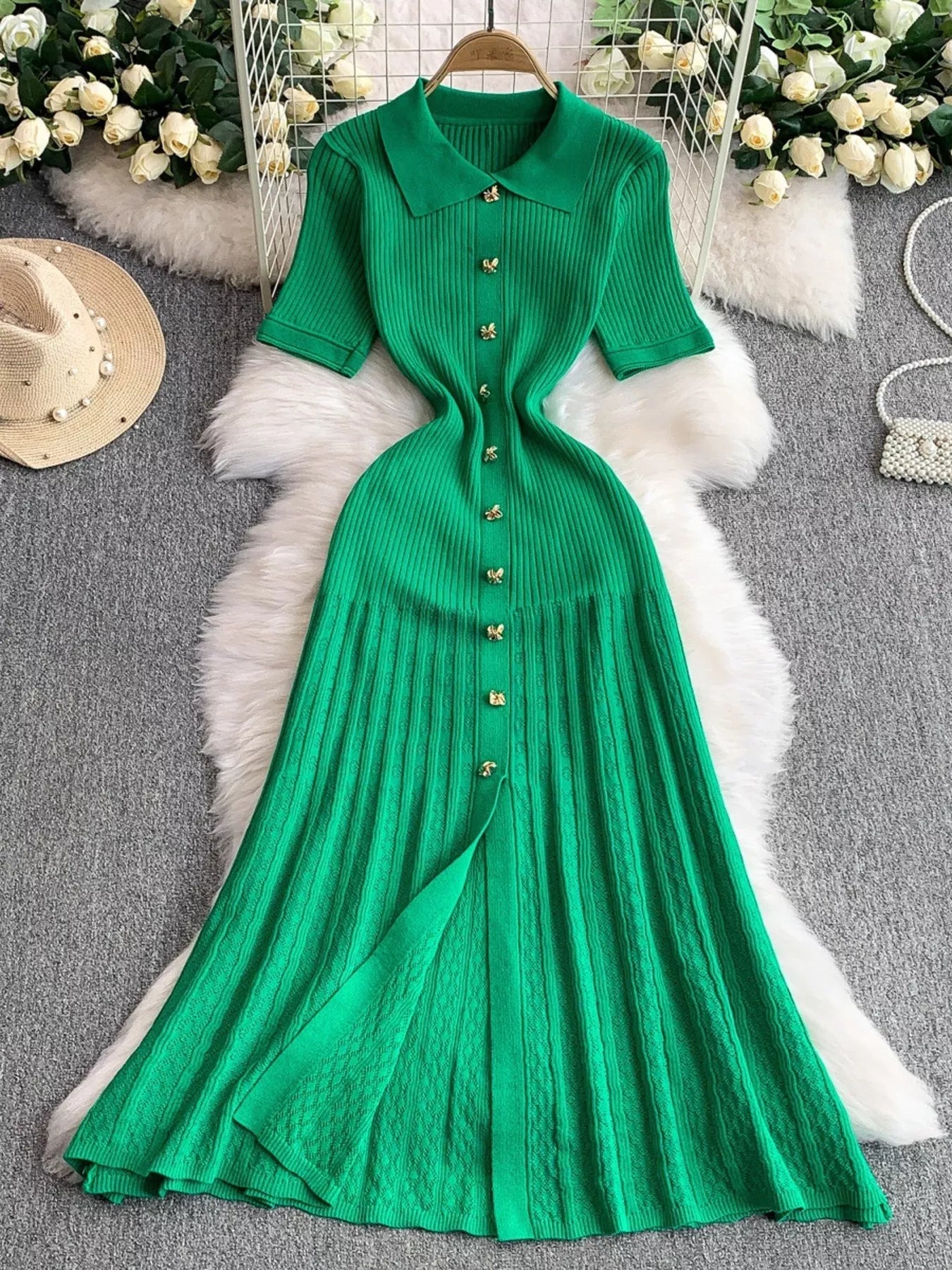 Button Front Ribbed Knit Midi Dress