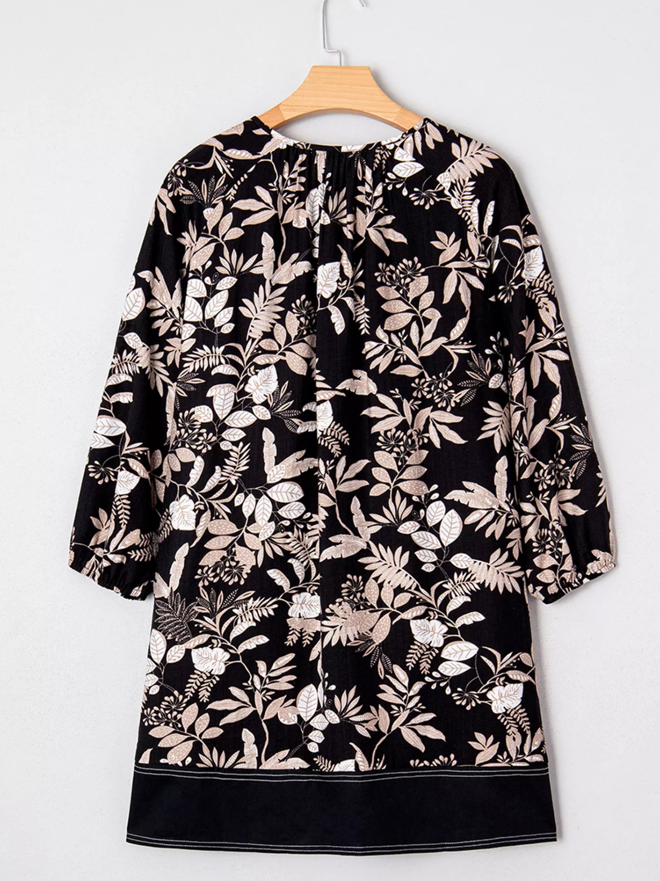 3/4 Sleeve Botanical Print Split Neck Loose Mini Dress