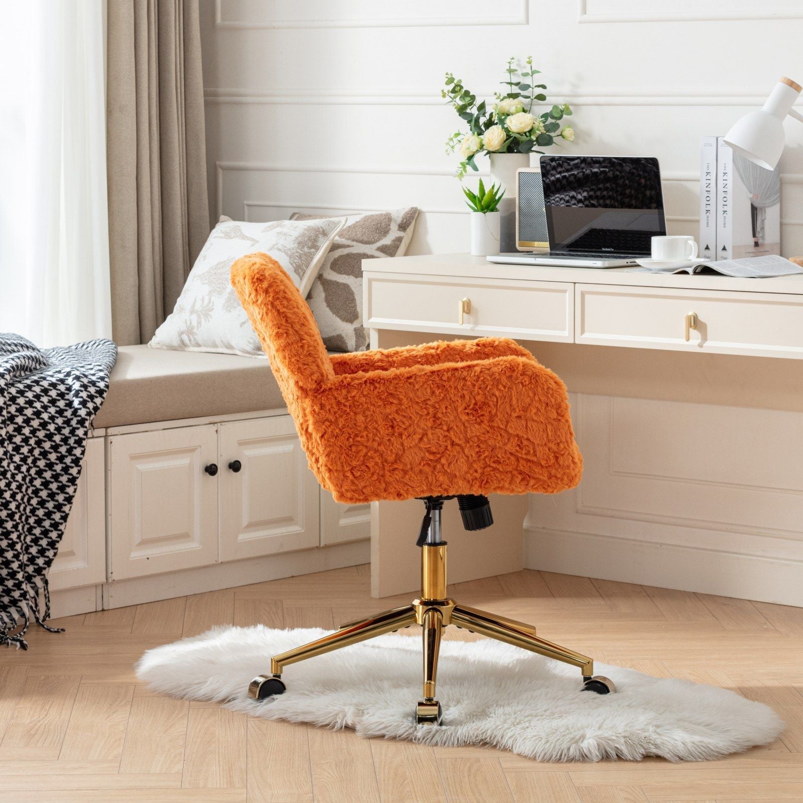 Office Chair, Artificial Rabbit Hair Home Office Chair With Metal Base, Adjustable Desk Chair Swivel Office Chair, Vanity Chair