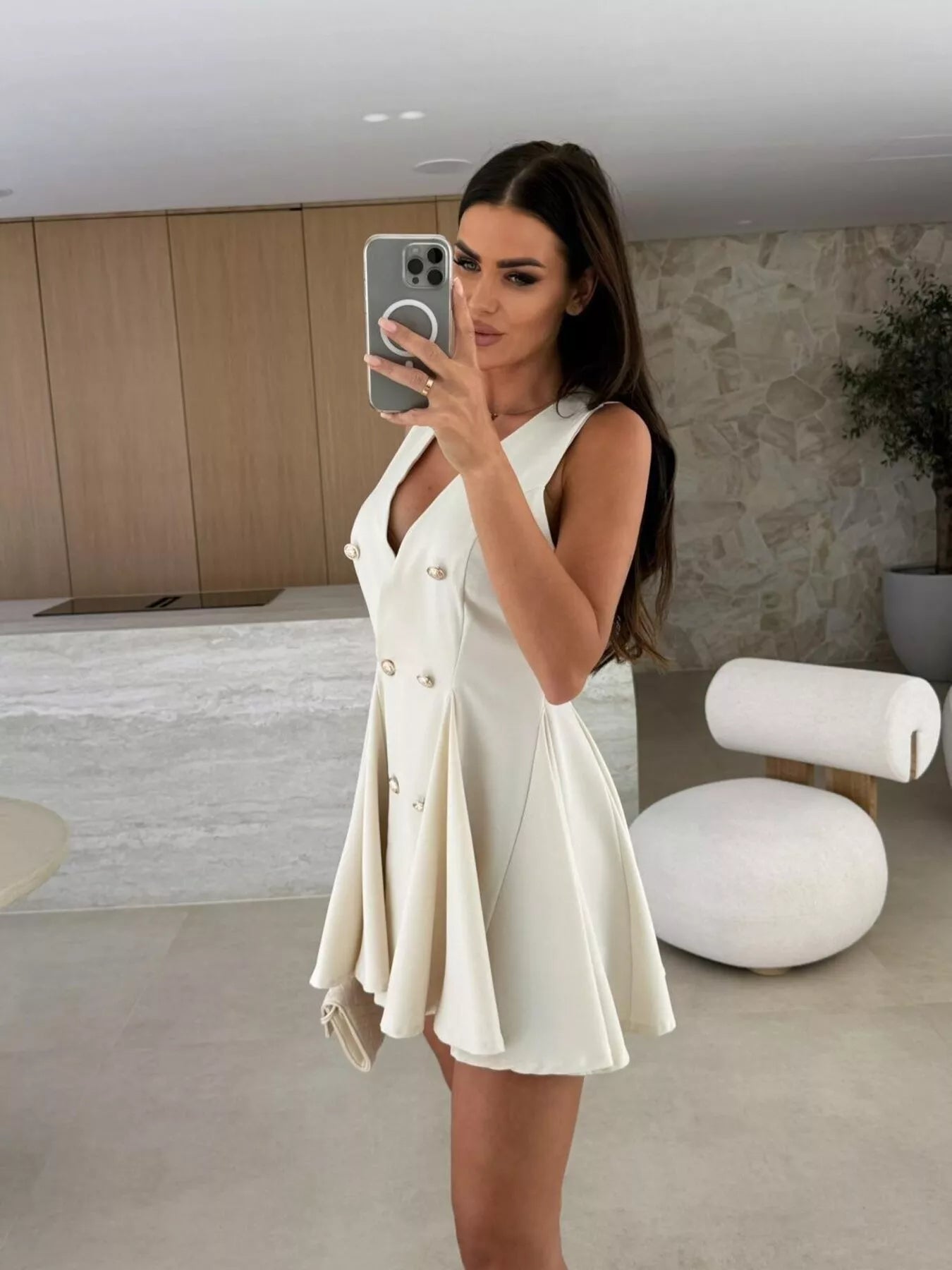Double-Breasted V-Neck Mini Dress
