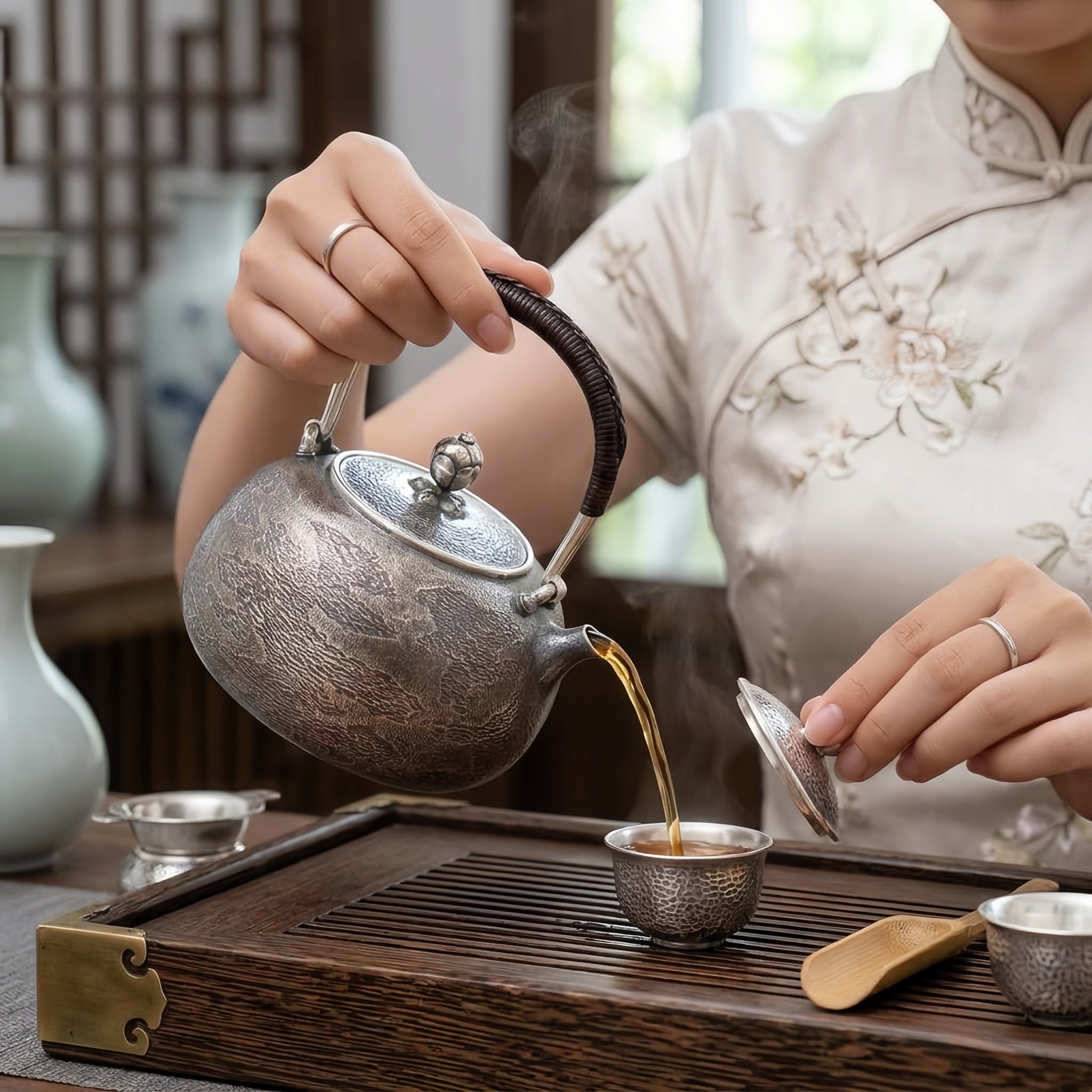 Pure 999 Fine Silver Artisanal Hammered Silver Teapot with Woven Rattan Handle and Decorative Finial - Handicraft