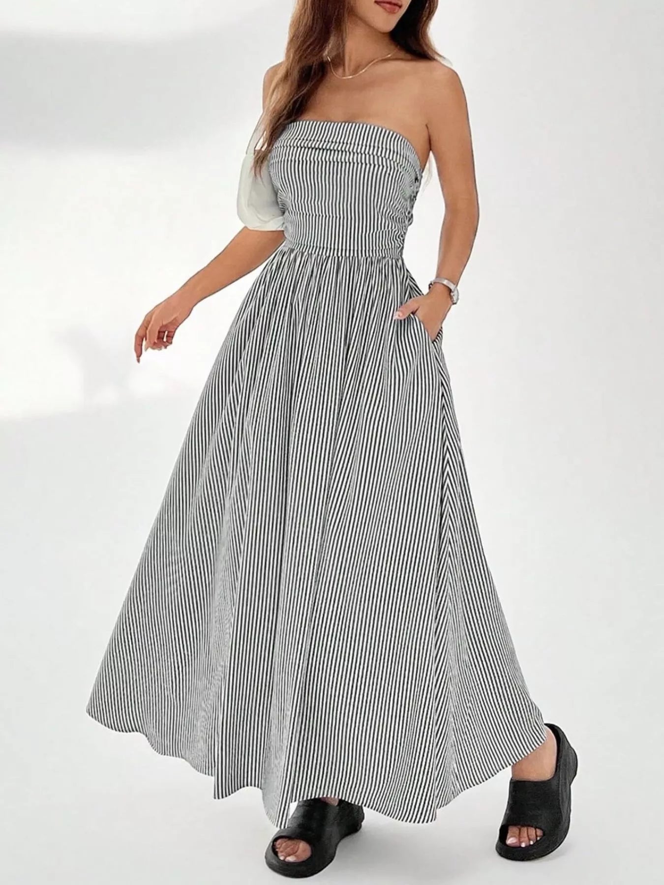 Striped Strapless Casual Maxi Dress