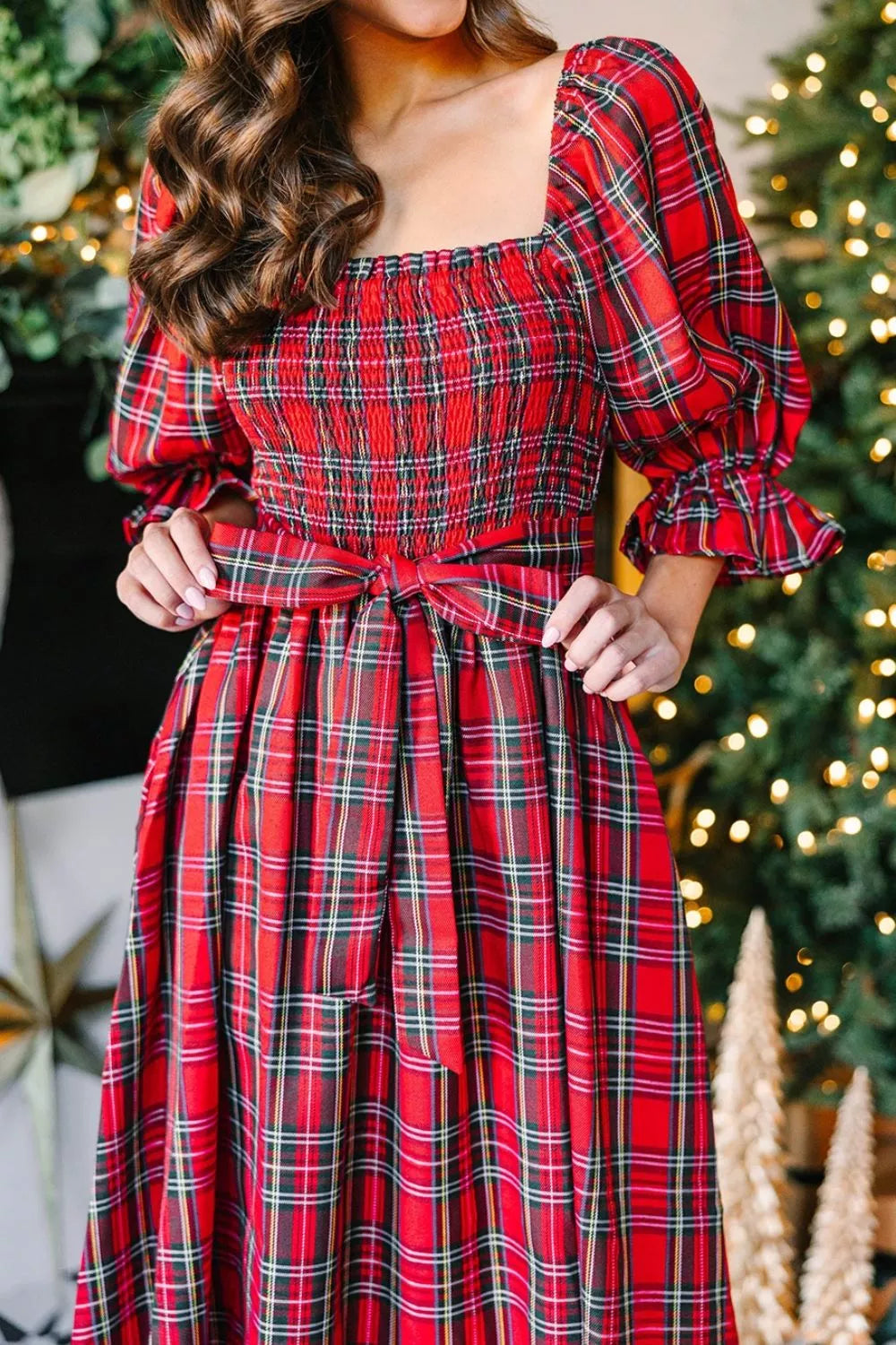 Plaid Smocked Flounce Sleeve Midi Dress