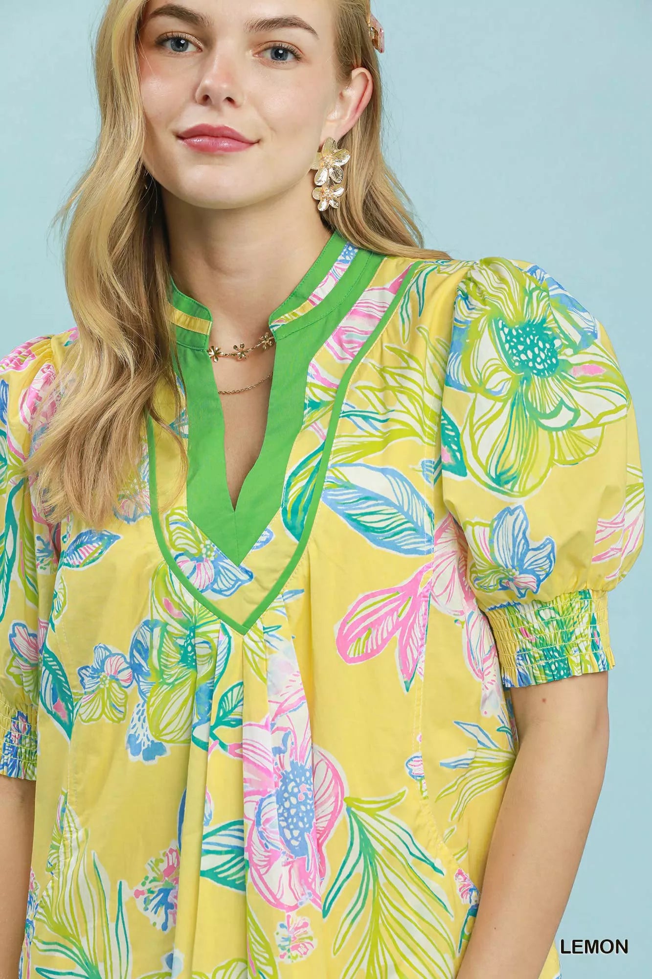 Umgee Botanical Print Dress with Smocked Cuffs
