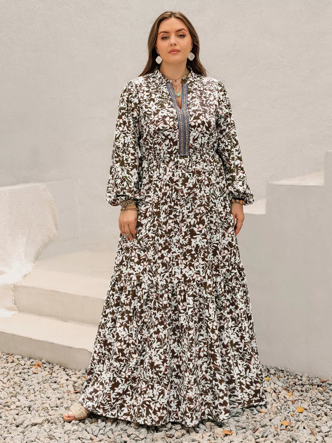 Plus Size Floral Print Long Sleeve Maxi Dress