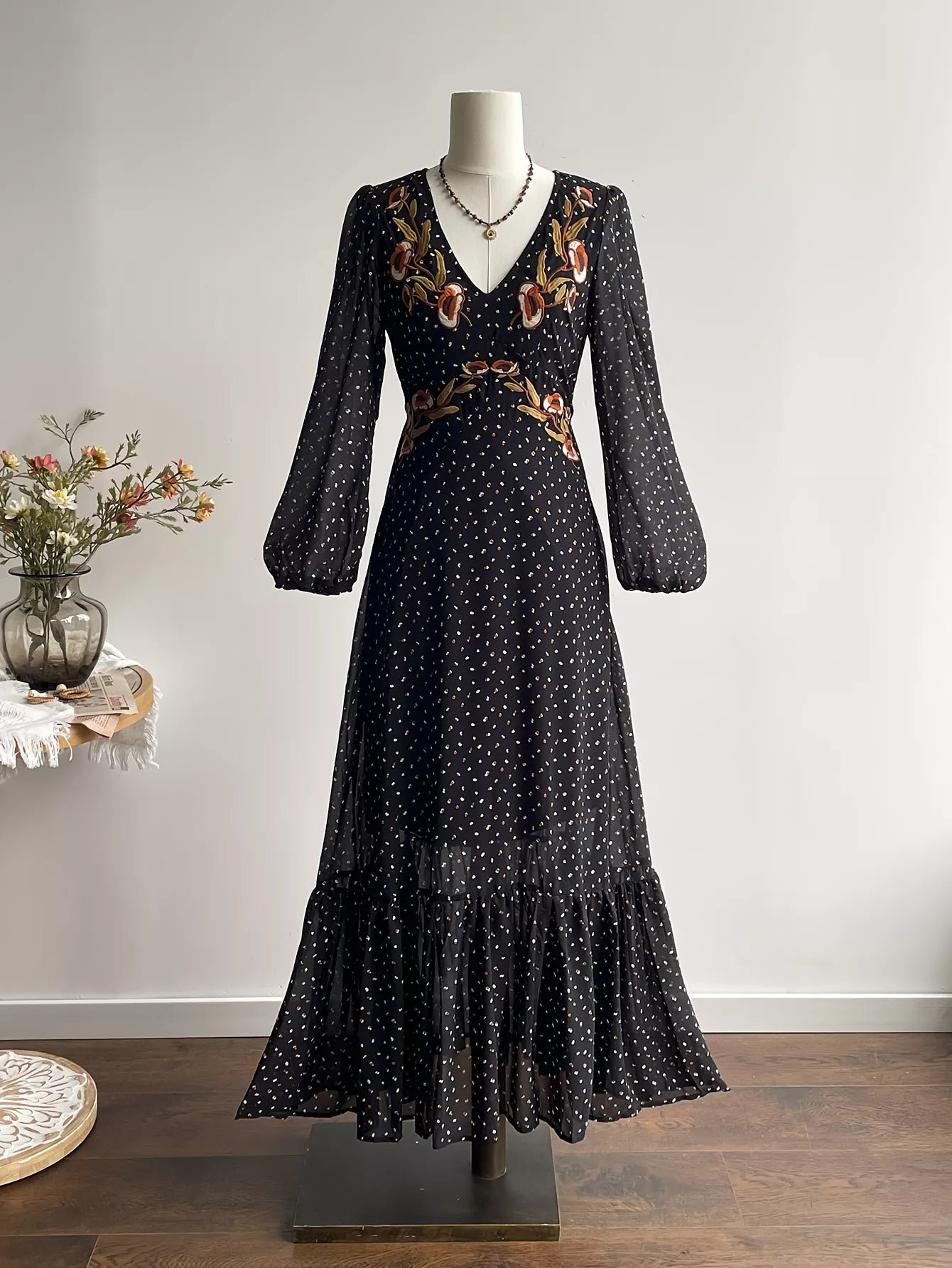 Plus Size Floral Embroidered Polka Dot Maxi Dress