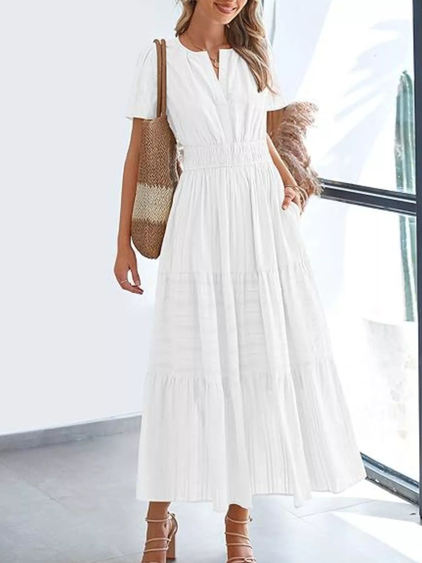 Full Size Short Sleeve Tiered Midi Dress Plus Size