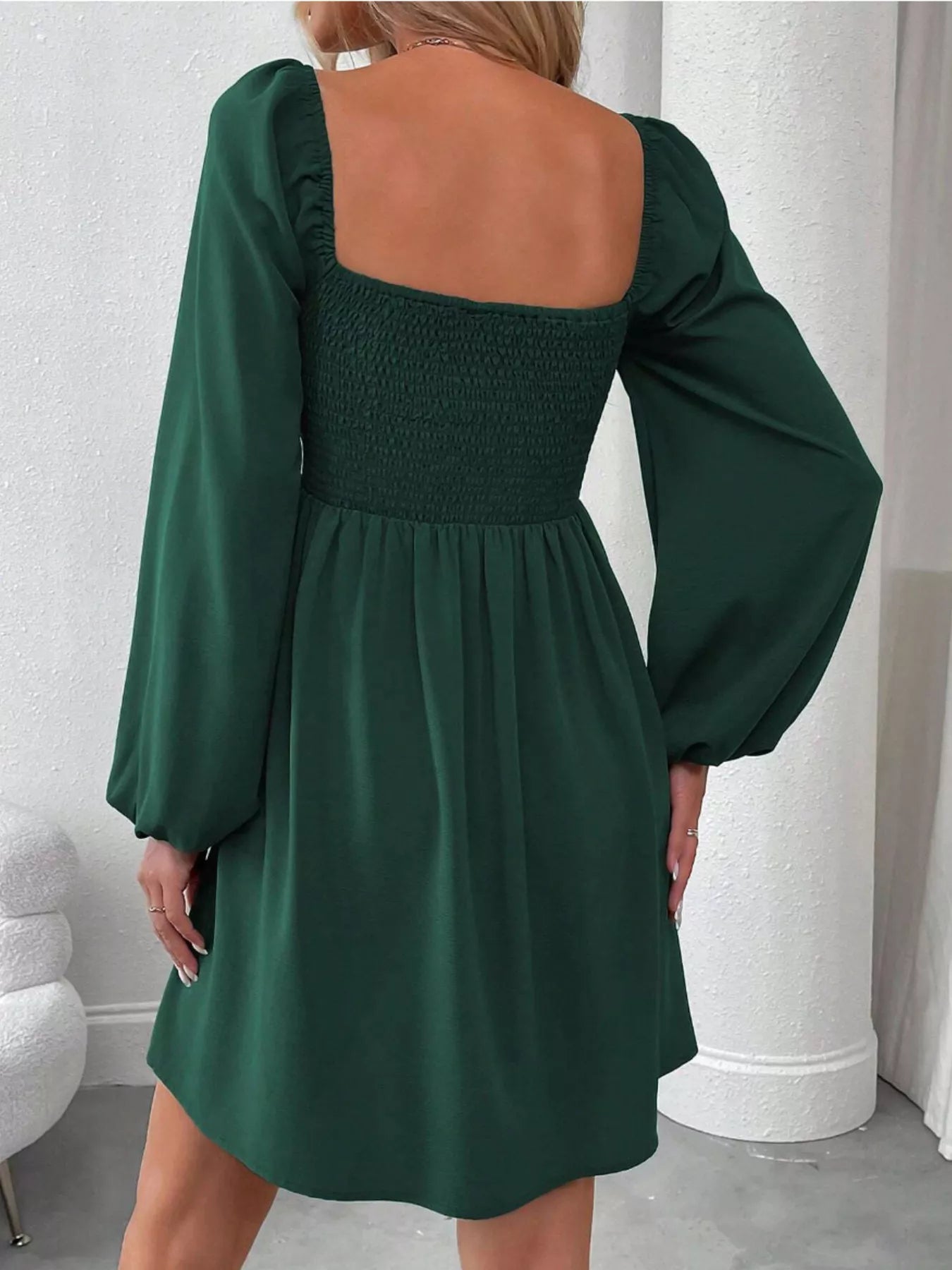 Ruched Square Neck Long Sleeve A-Line Dress