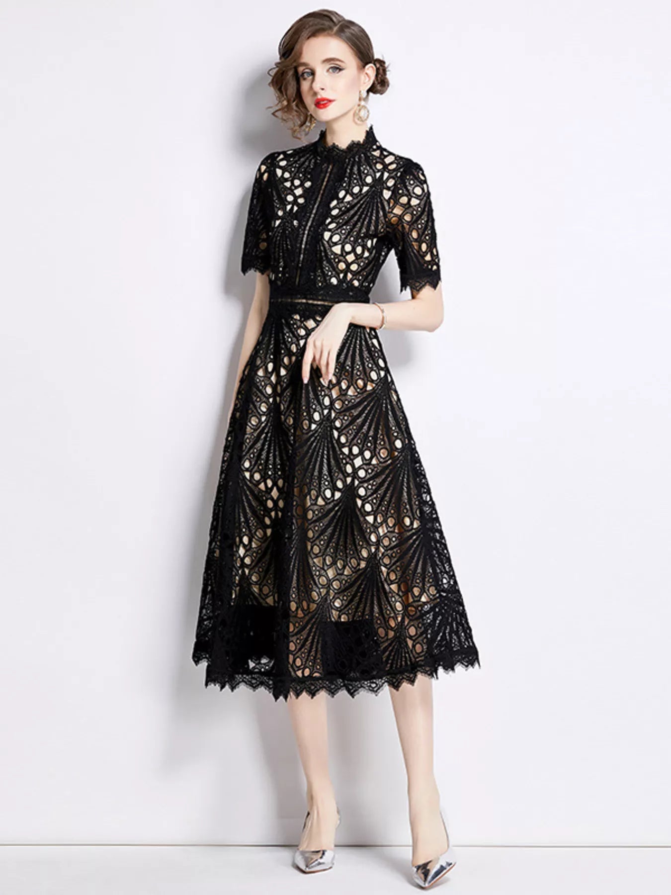 Full Size Lace Short Sleeve Midi Dress Plus Size