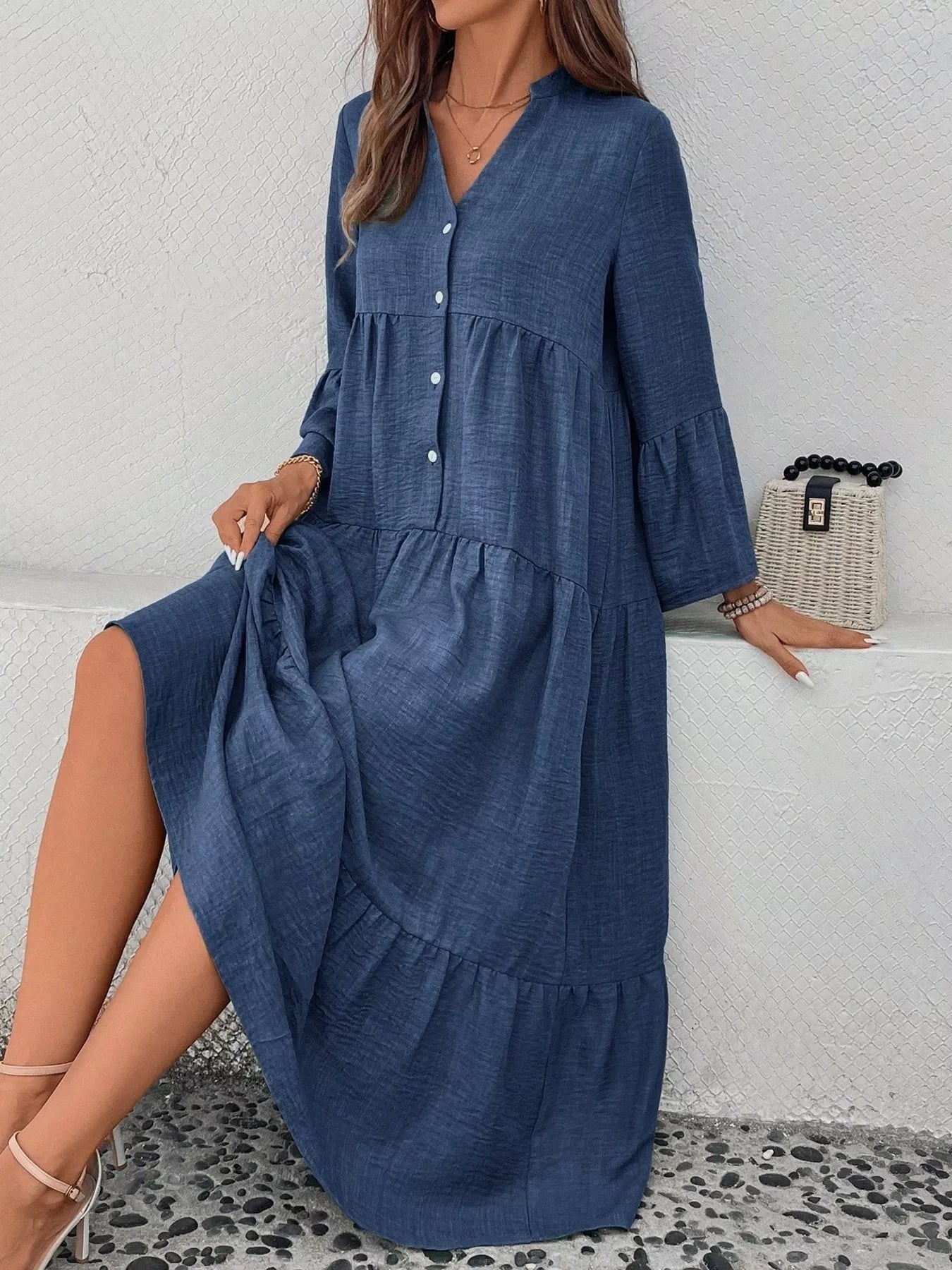 Ruffle Hem Button Front Tiered Dress