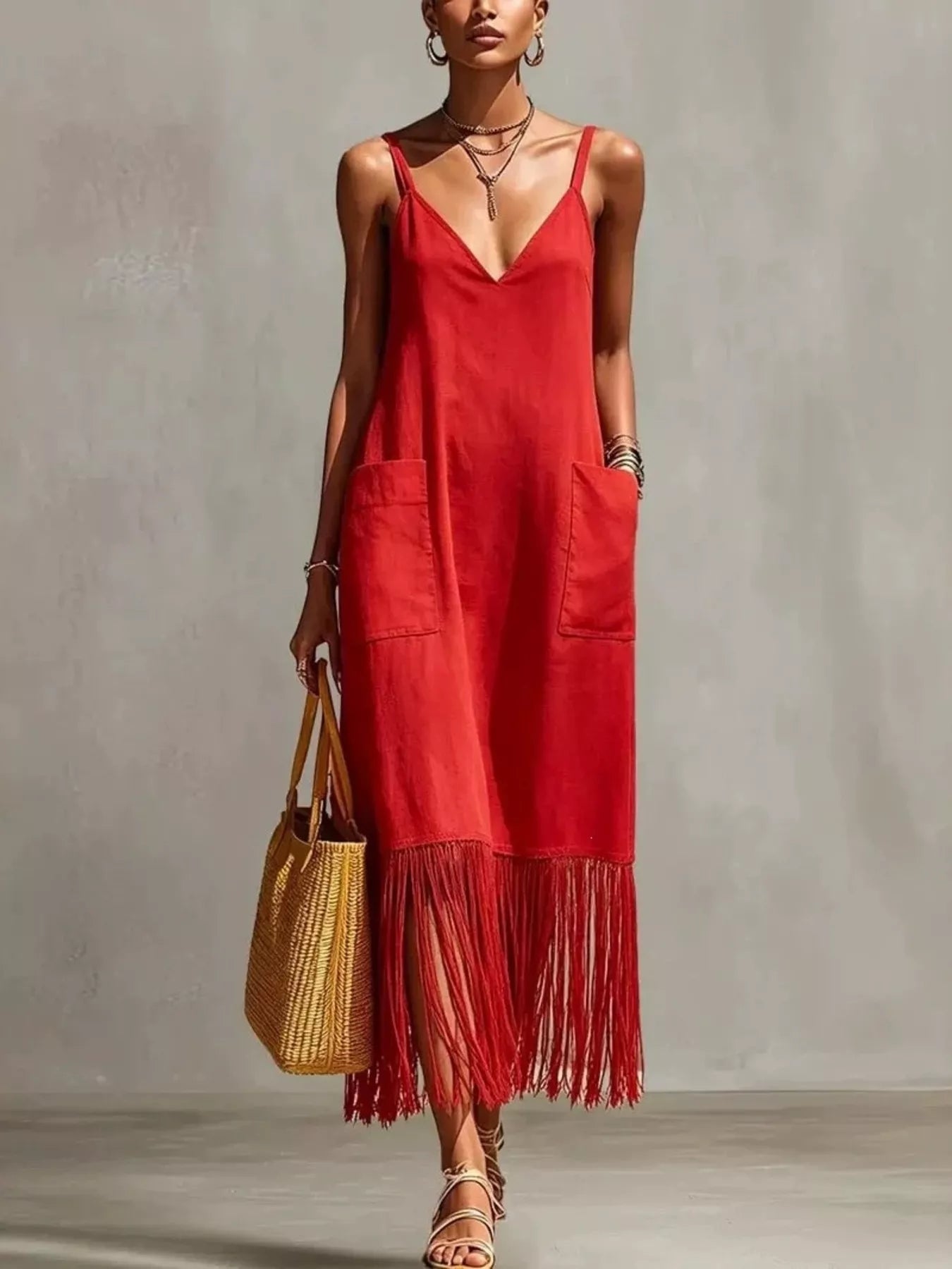Full Size Fringe V-Neck Spaghetti Strap Dress Plus Size