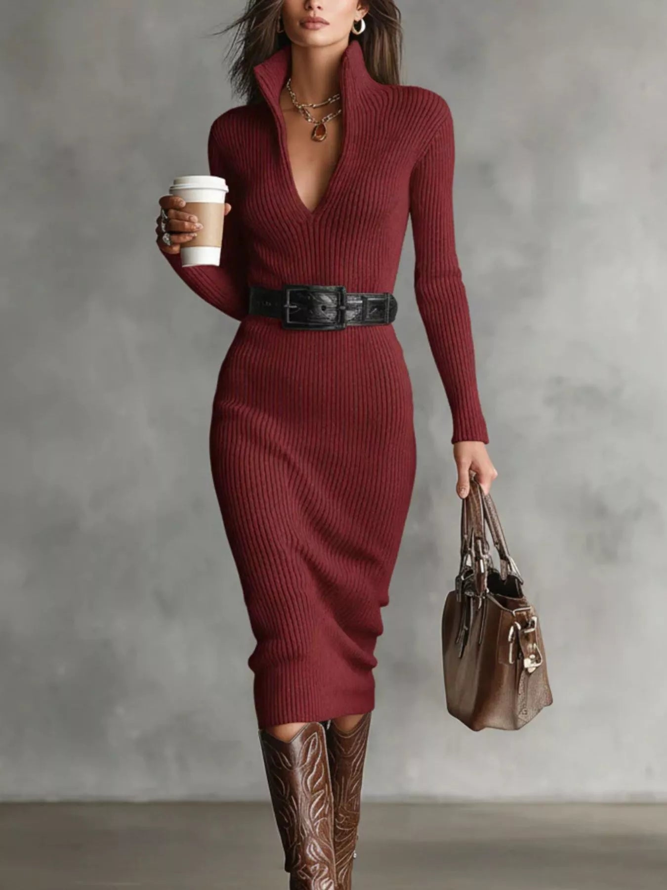 Full Size Ribbed Knit Turtleneck Sweater Dress Plus Size
