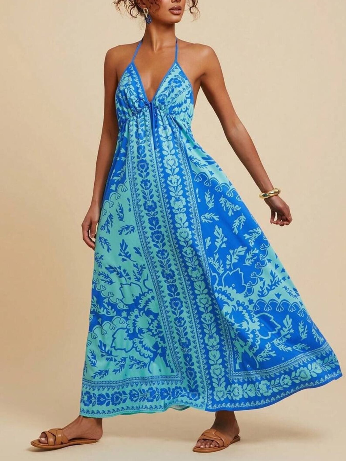 Bohemian Floral Print Halter Maxi Dress