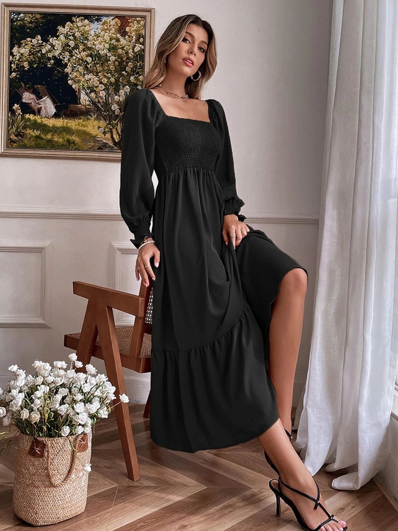 Smocked Long Sleeve Midi Dress