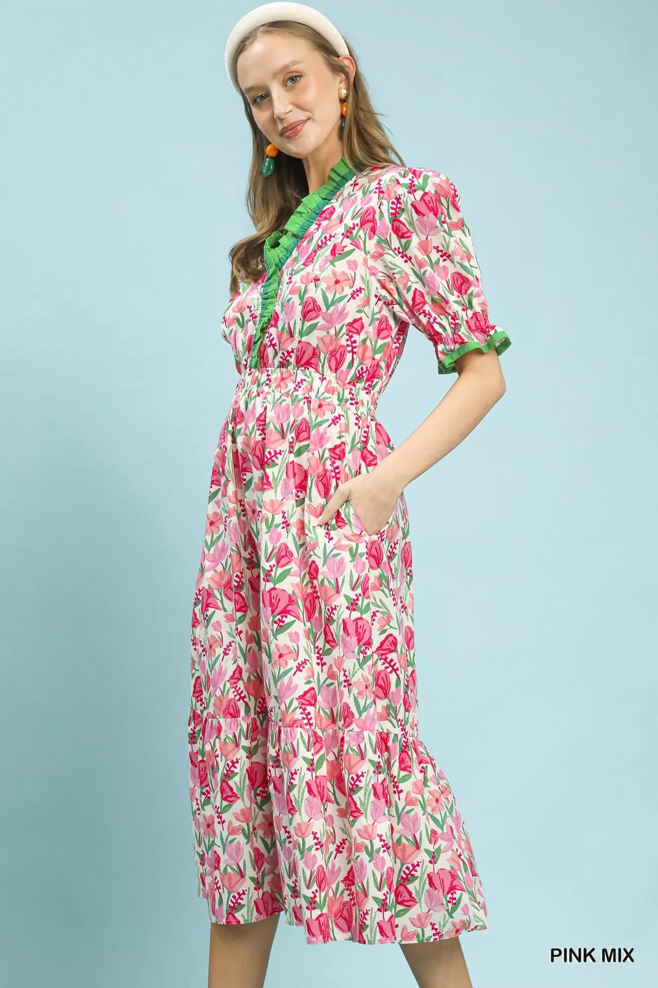 Umgee Floral Ruffle Trim Tiered Midi Dress
