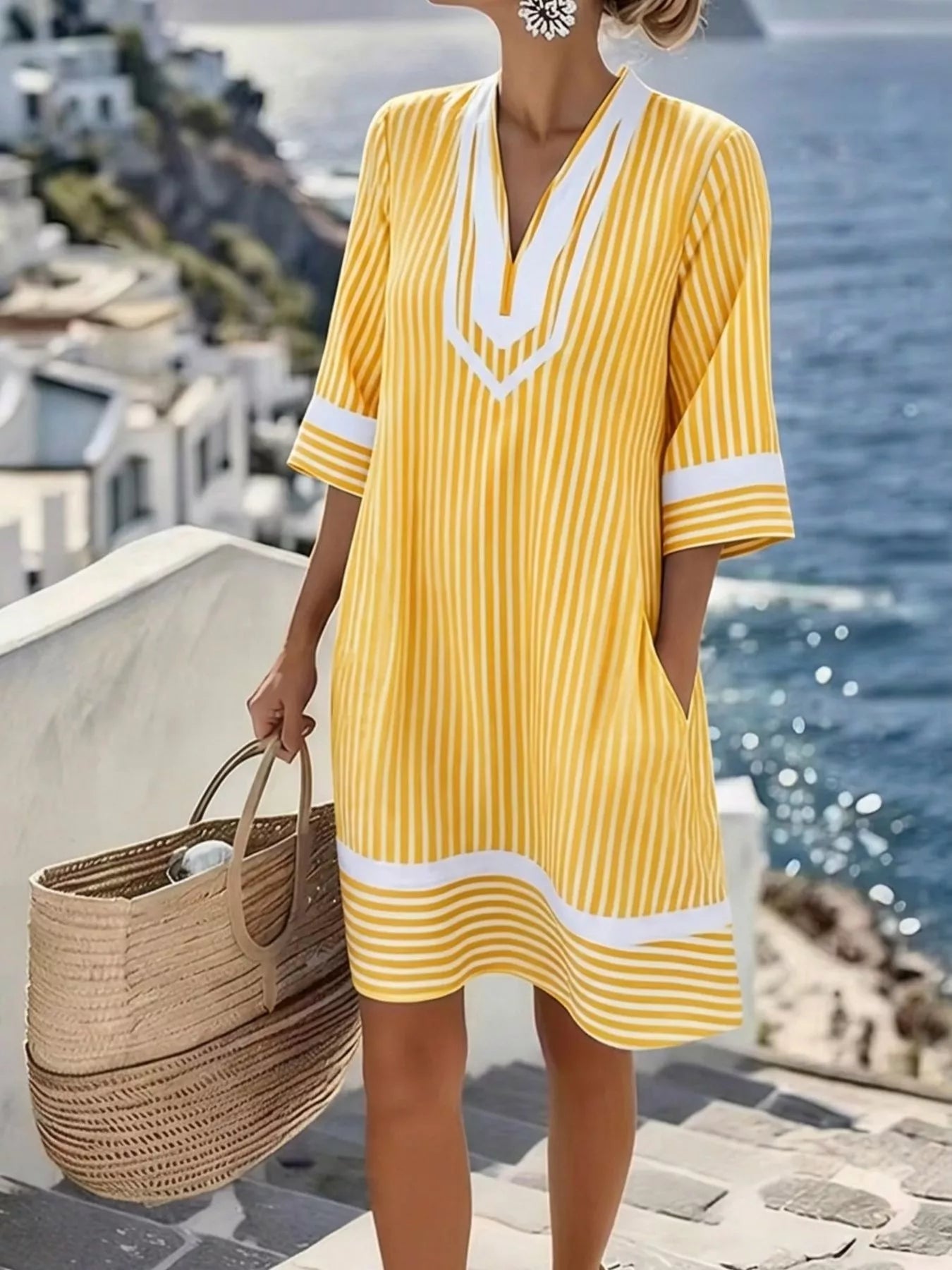Full Size Striped V-Neck Casual Dress Plus Size