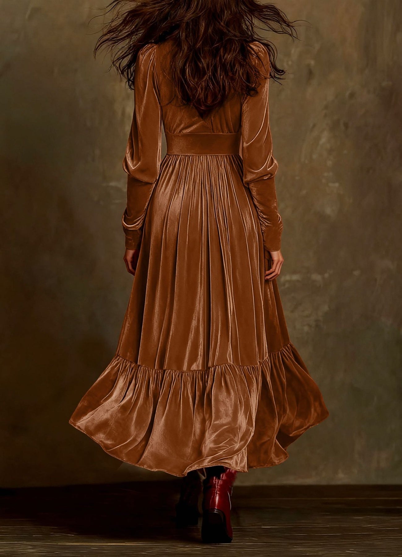 Velvet V-Neck Long Sleeve Ruffled Dress