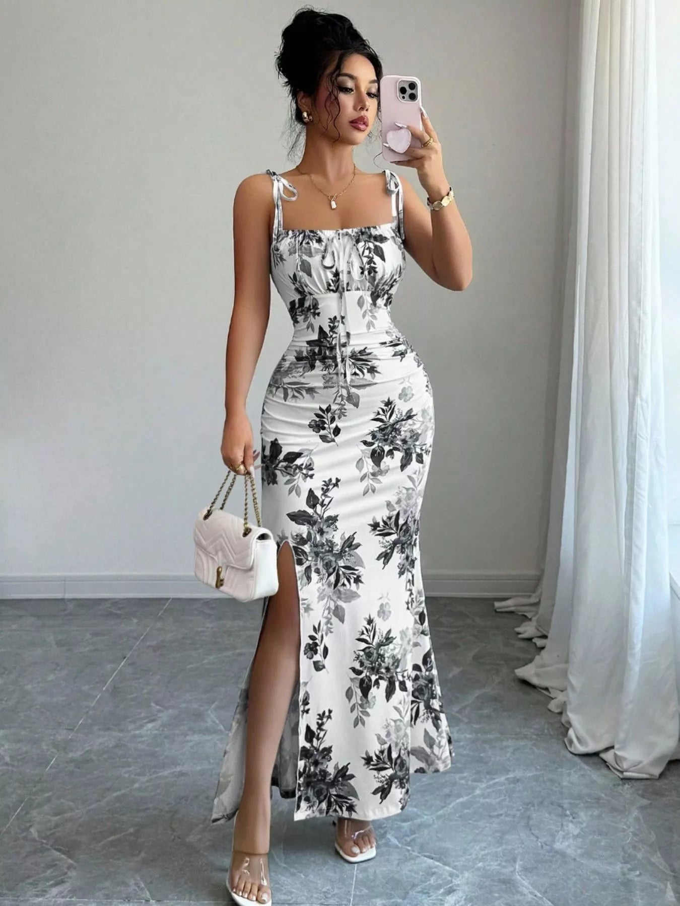 Printed Tie Strap Slit Maxi Dress