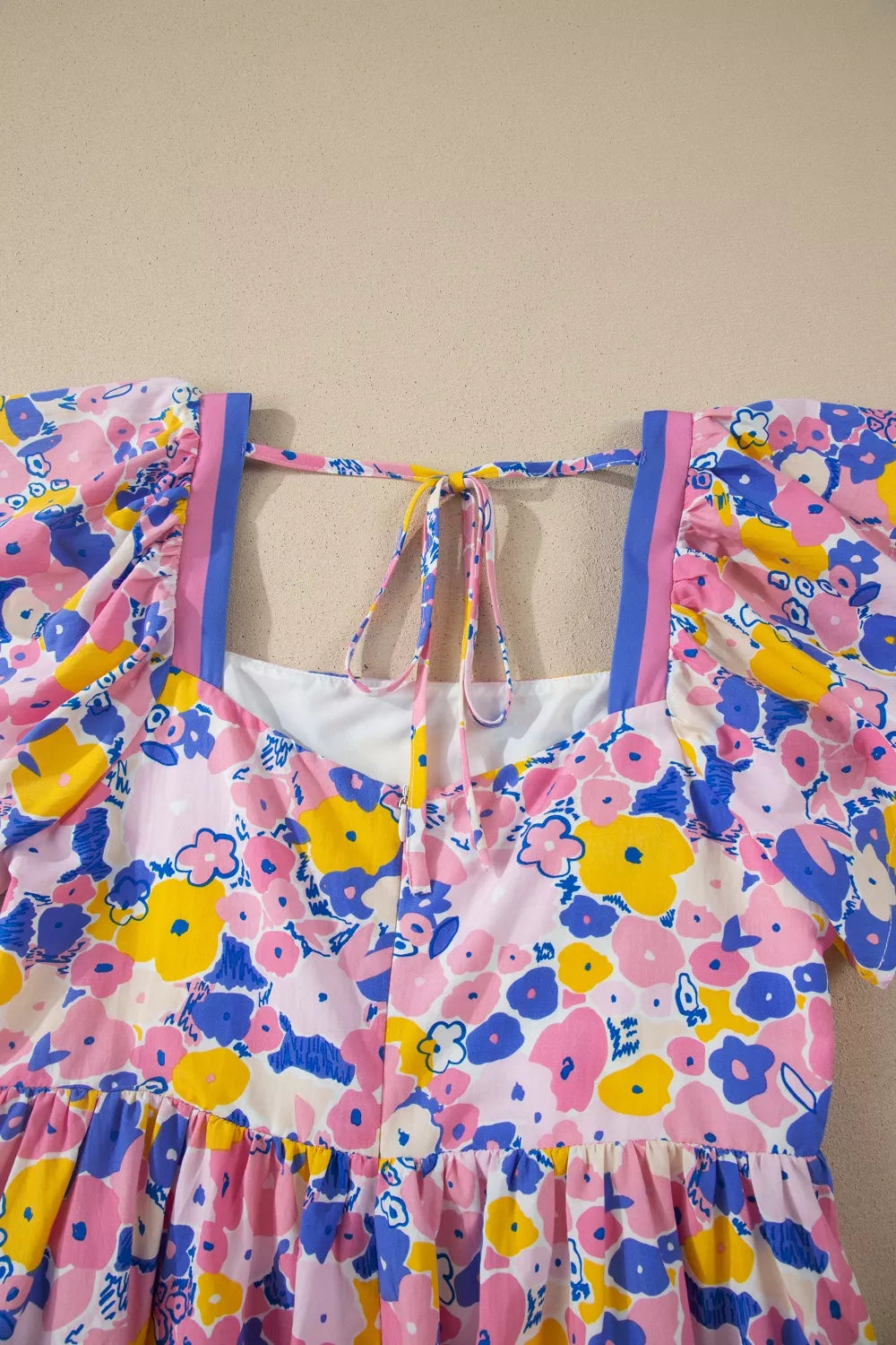 Floral Print Flutter Sleeve Striped Trim Square Neck Loose Mini Dress