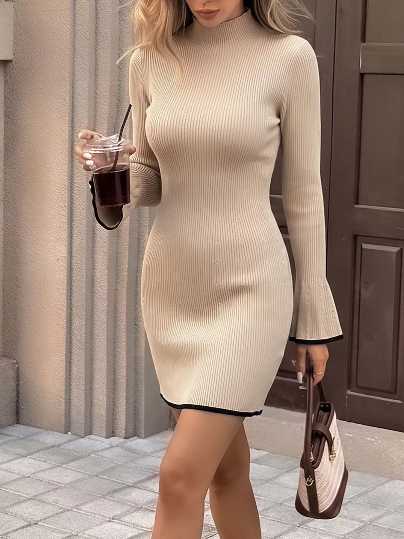 Ribbed Mock Neck Flare Sleeve Sweater Dress