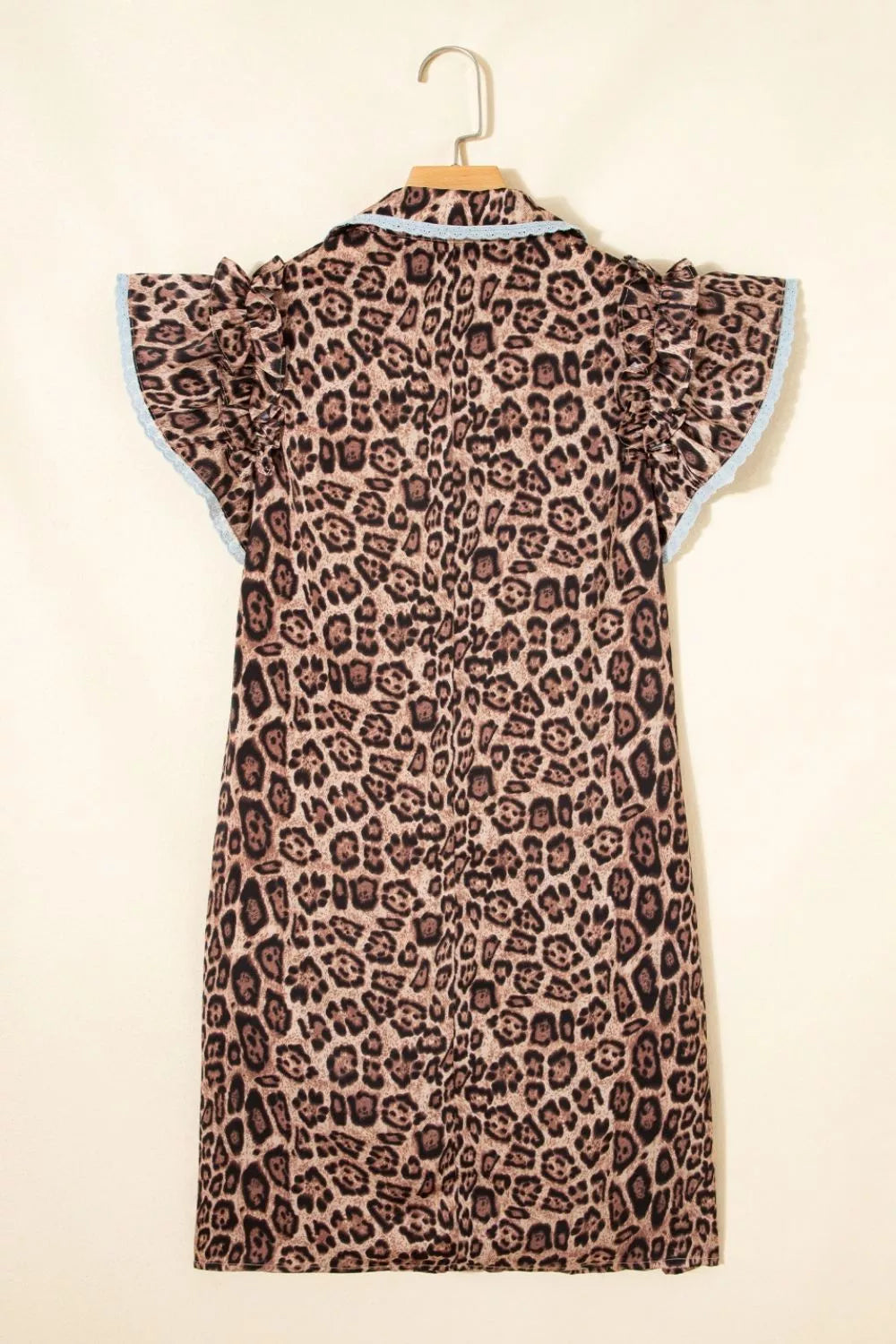 Leopard Print Lace Trim Shirt Collar Button Down Loose Mini Dress