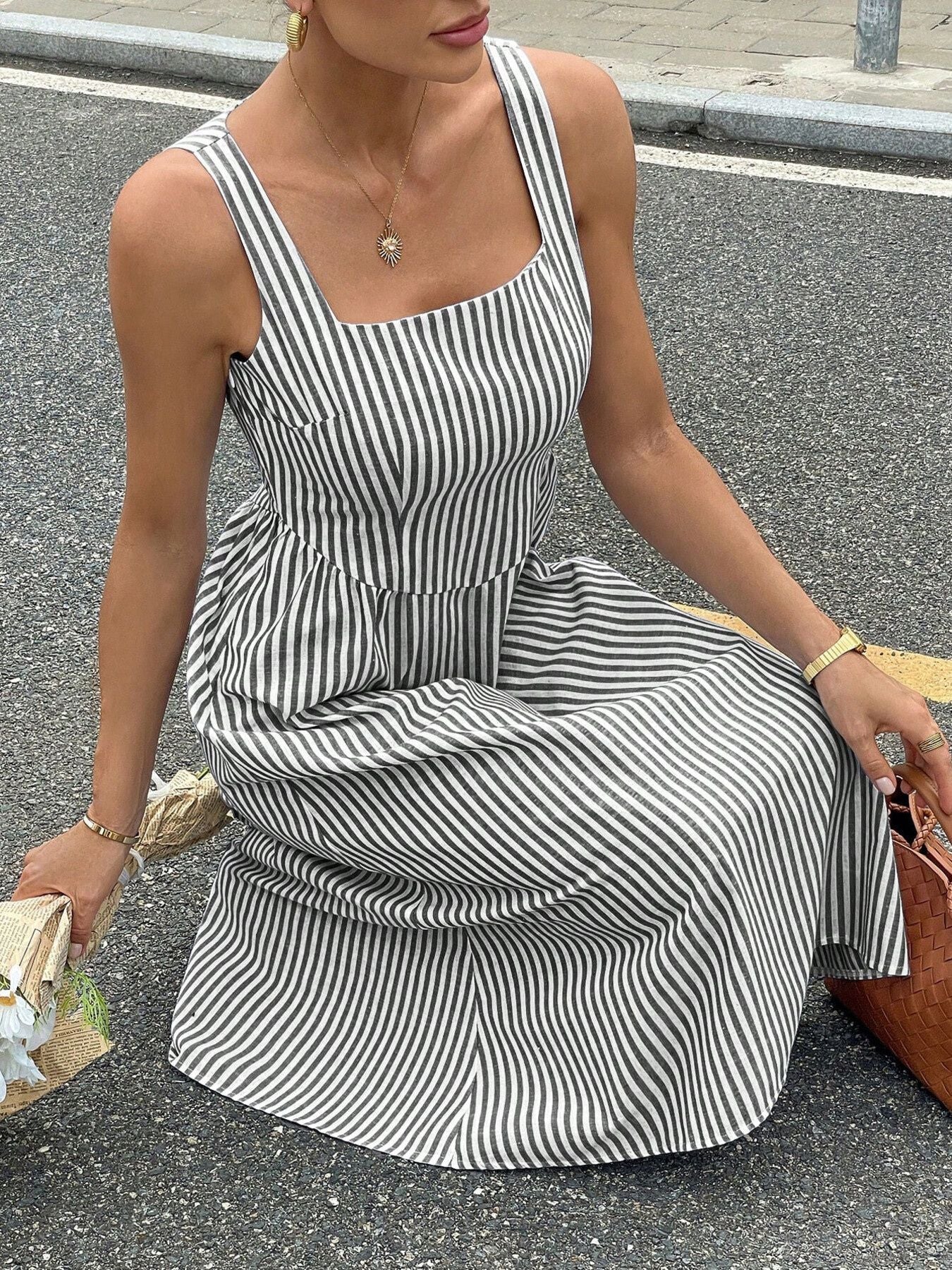 Striped Square Neck Midi Dress