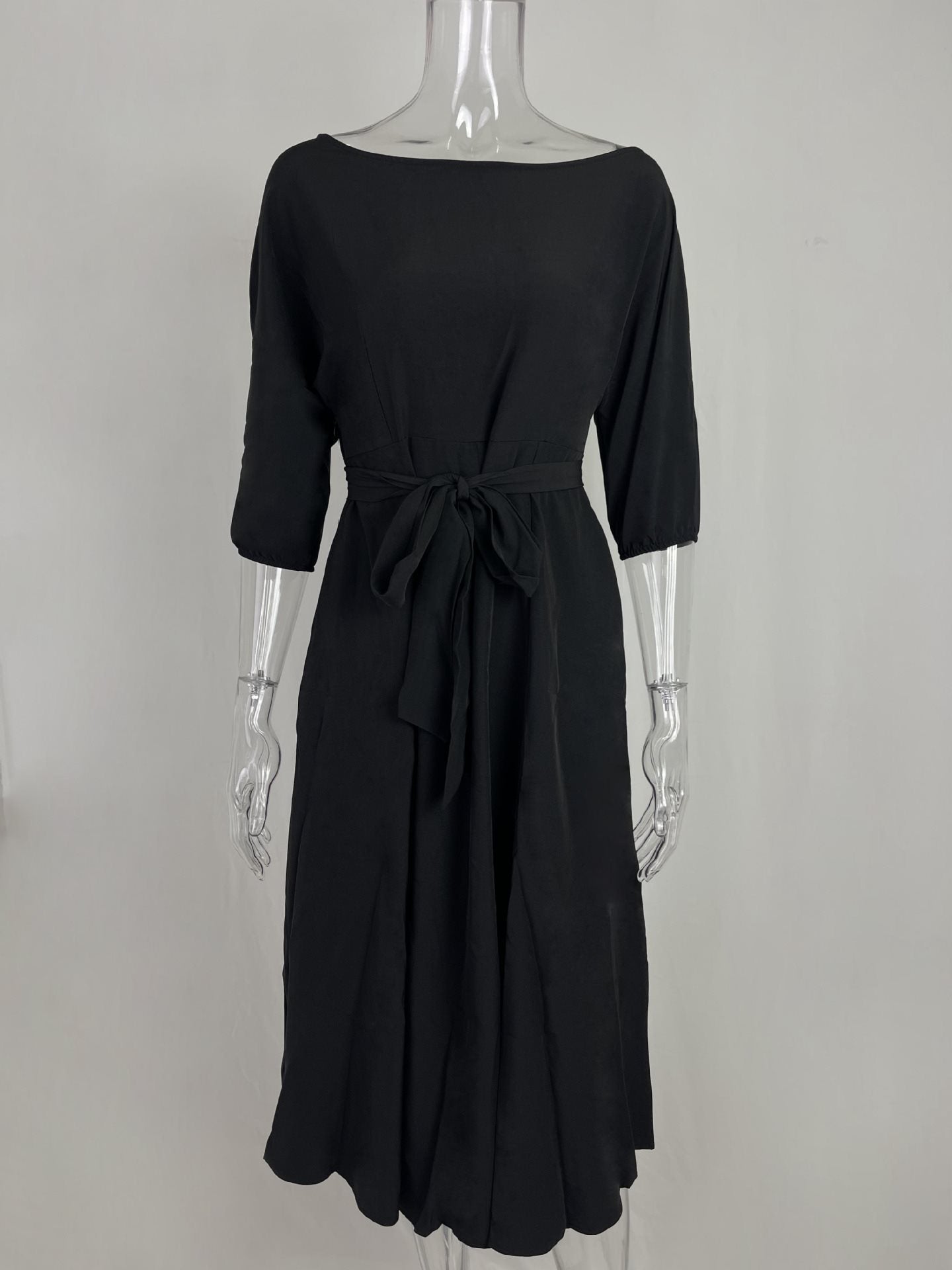 Boat Neck Tie Waist Midi Dress