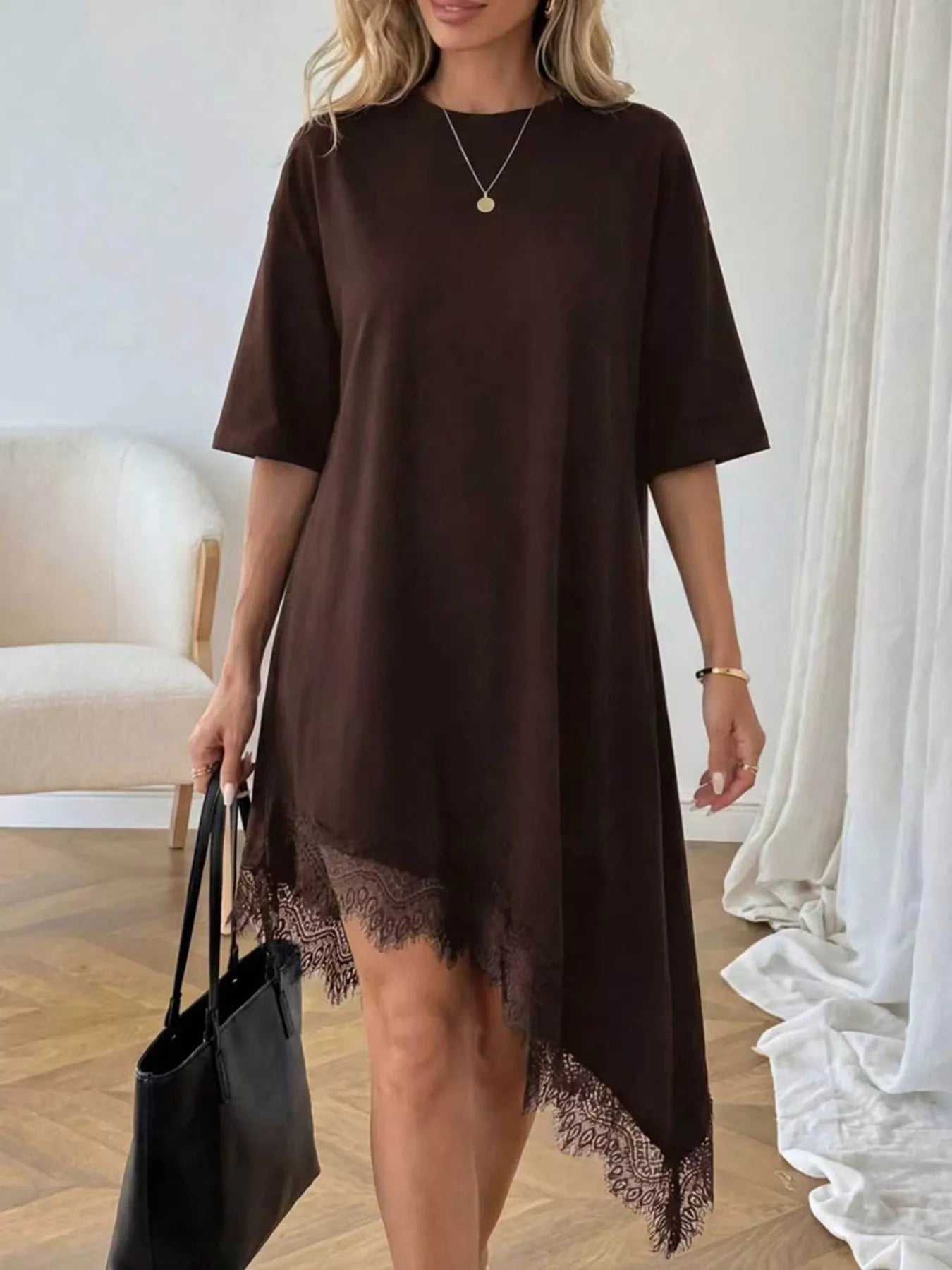 Lace Trim Asymmetrical Hem T-shirt Dress