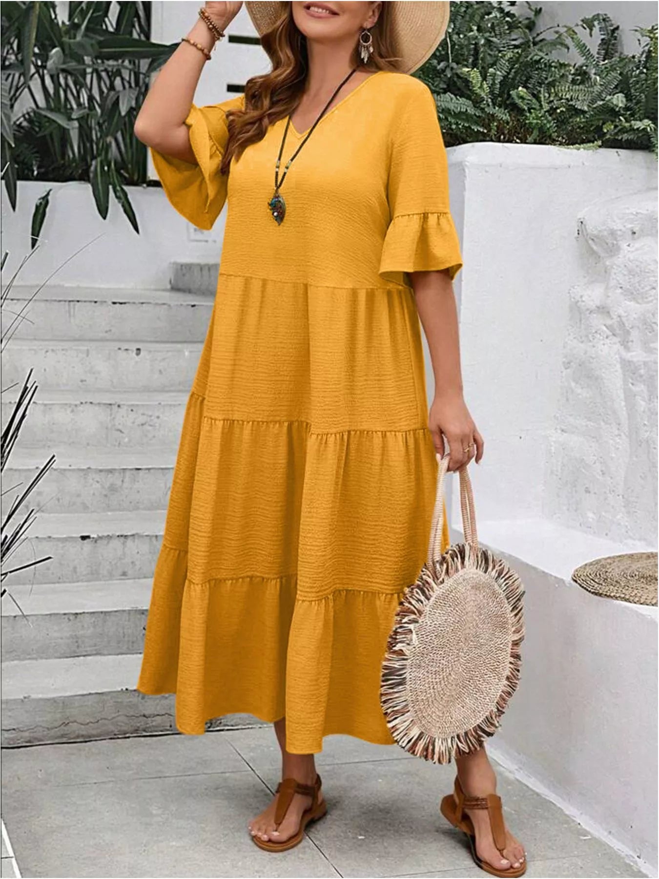 Plus Size Ruffle Sleeves Tiered Midi Dress