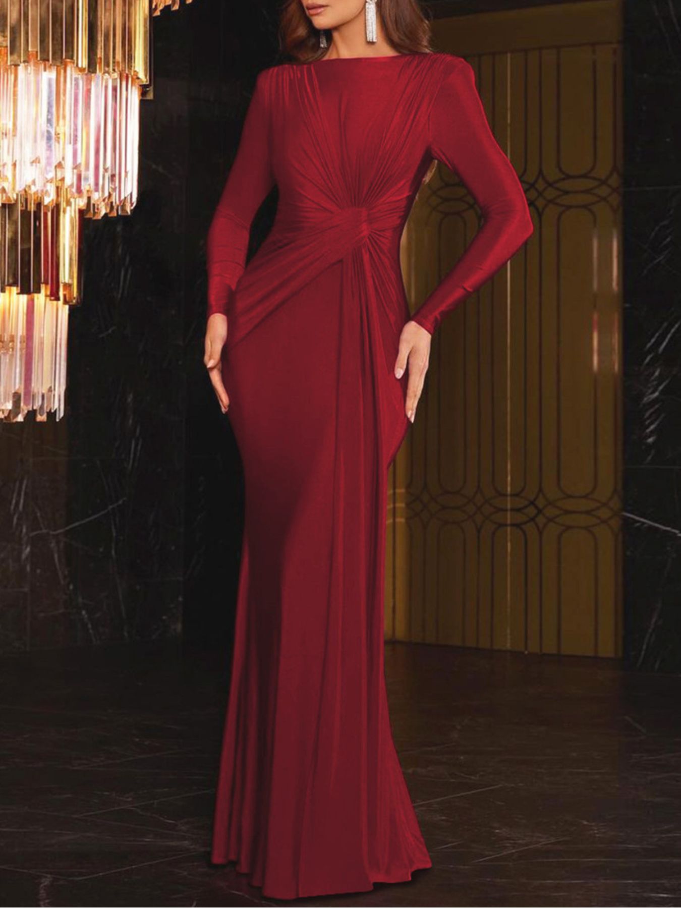 Ruched Knot Front Long Sleeve Maxi Dress