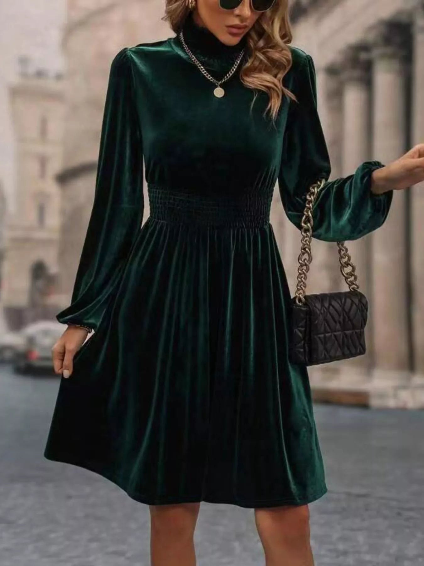 Velvet High Neck Long Sleeve A-Line Dress