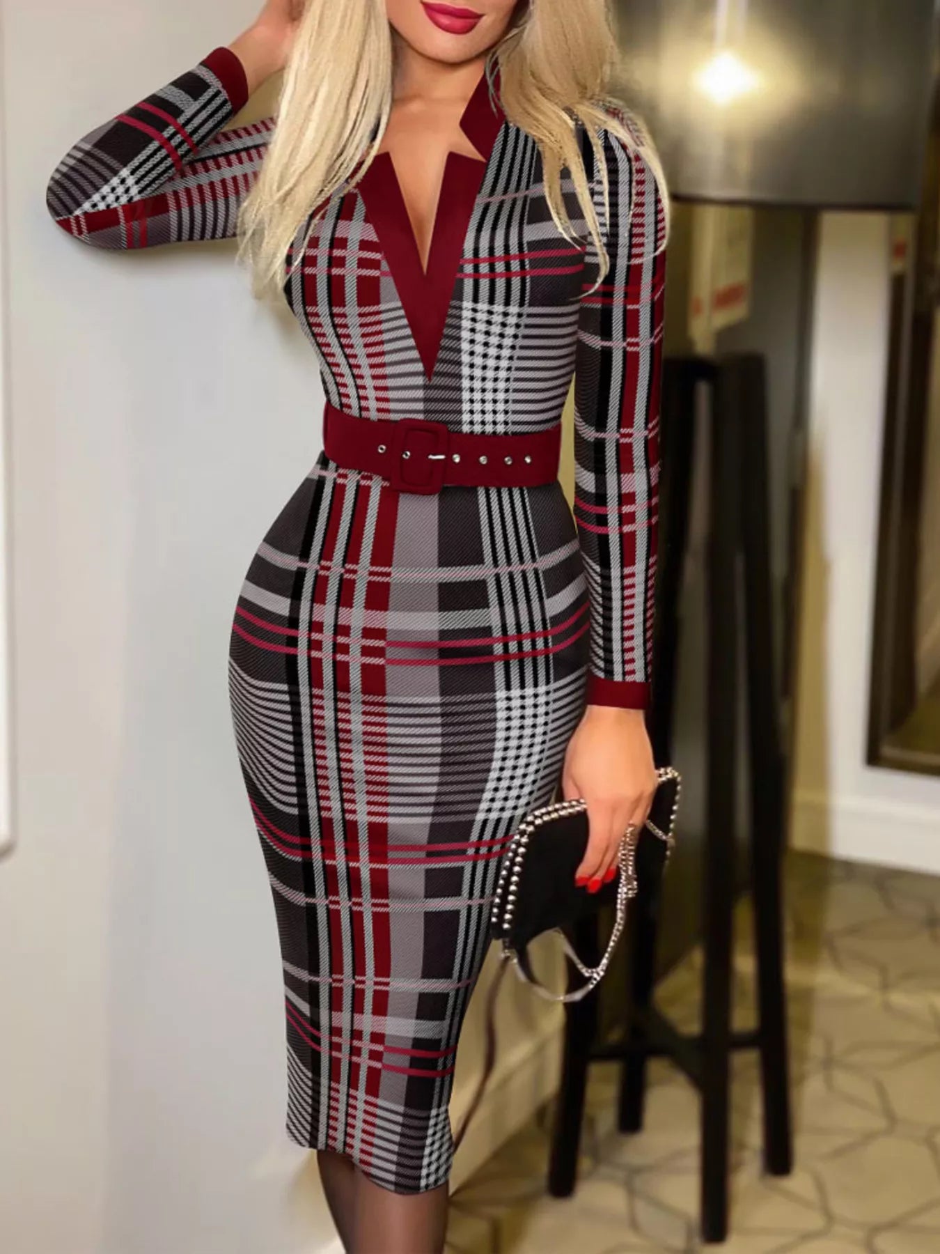 Full Size Notched Long Sleeve Dress Plus Size