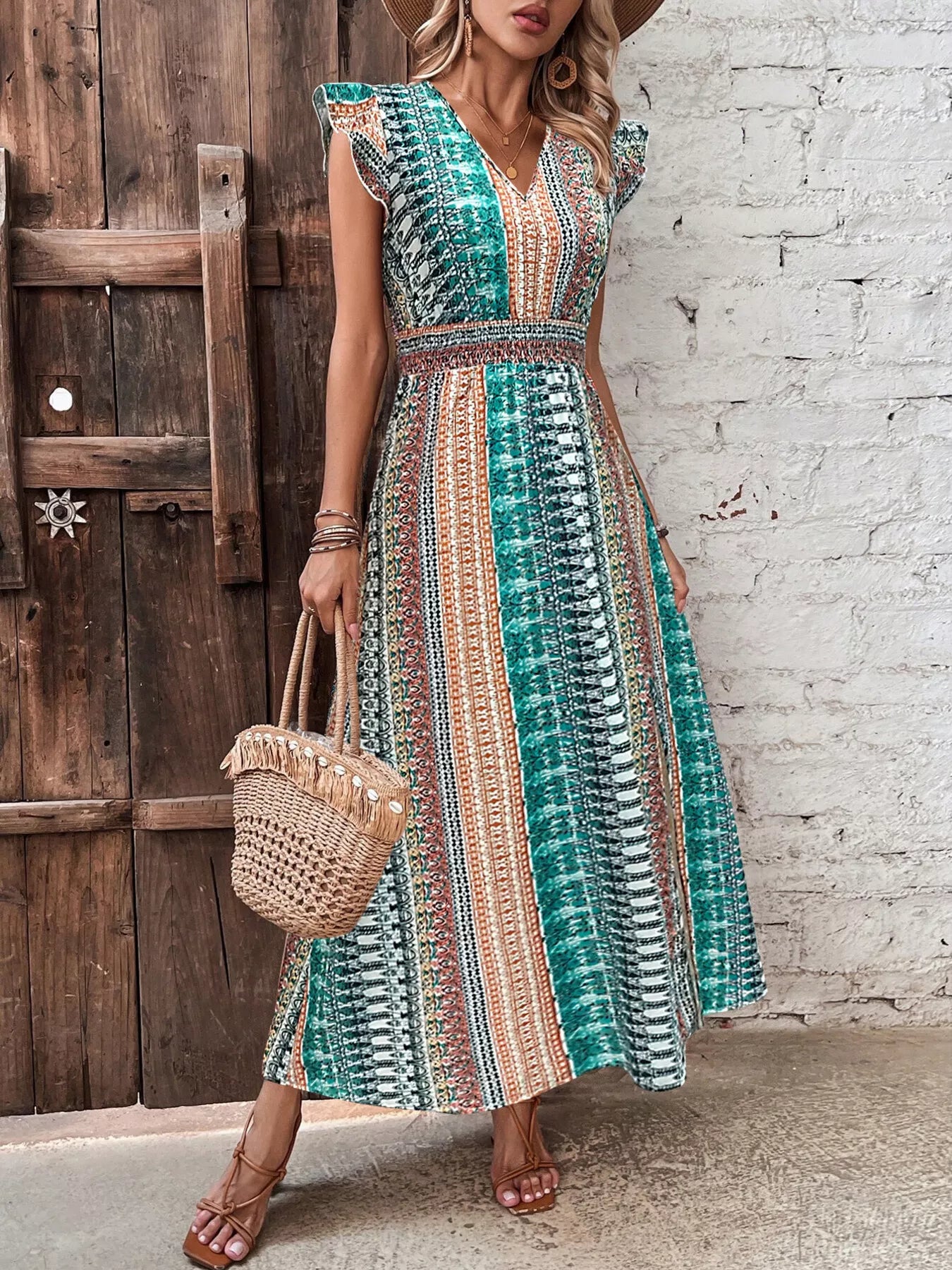 Boho Print Ruffle Sleeve Slit Dress