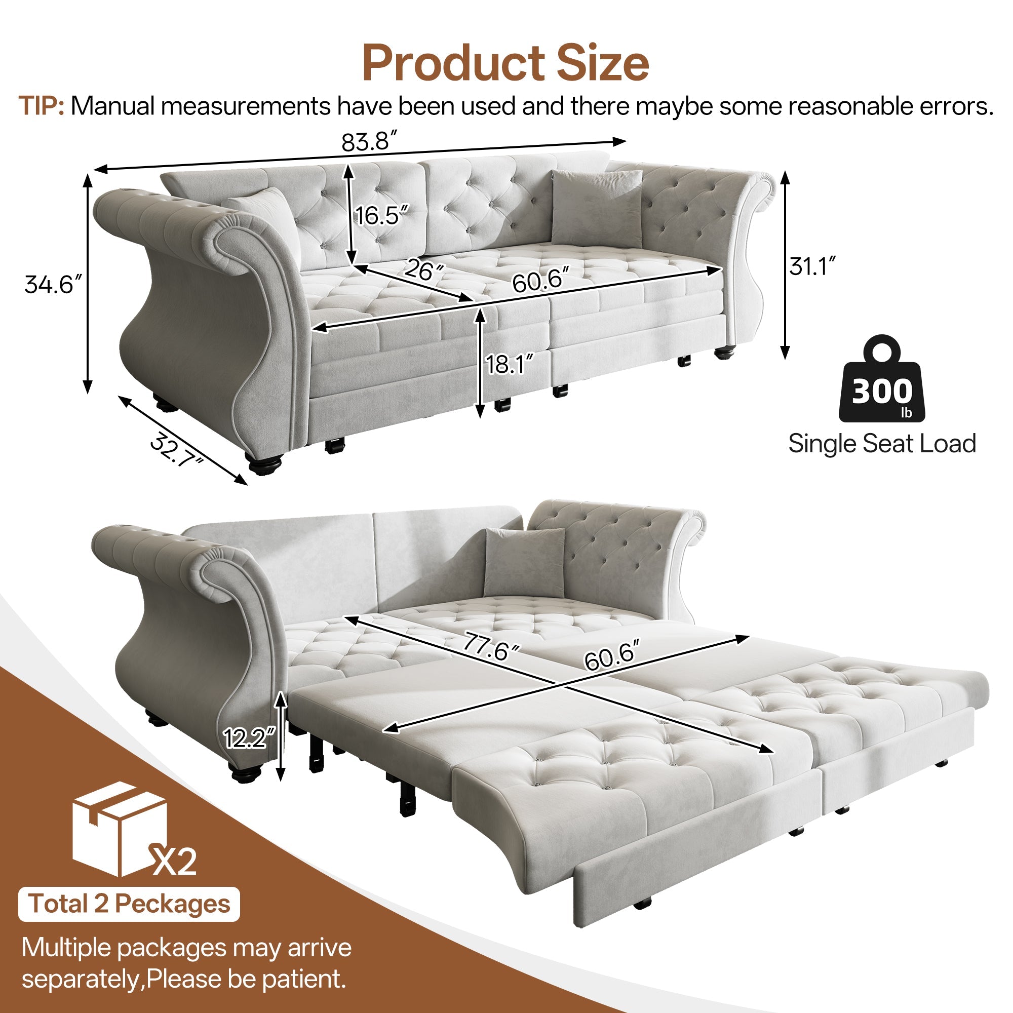83.8" Oversized Chesterfield Pull Out Sofa Bed