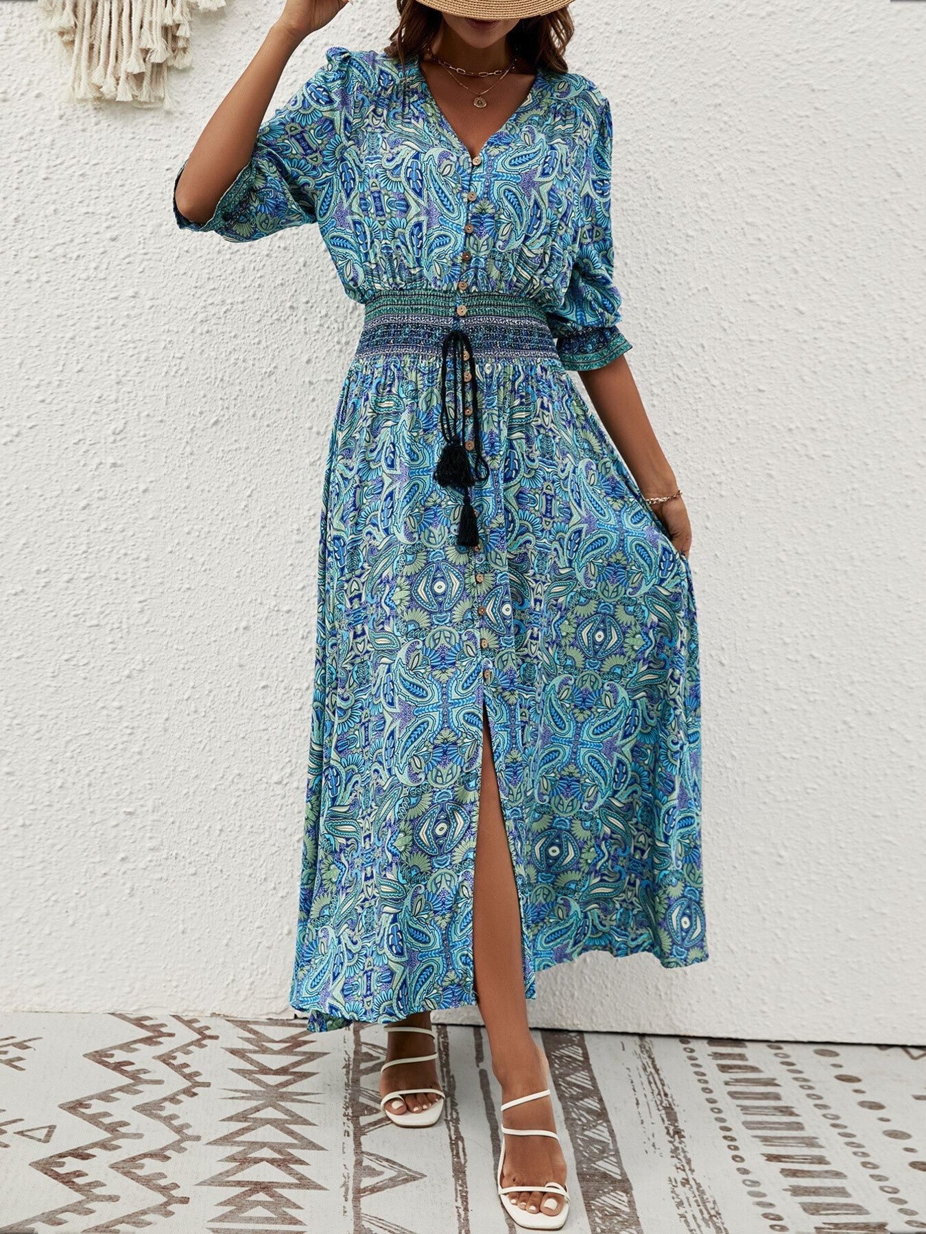 Paisley Print Half Sleeve Slit Midi Dress
