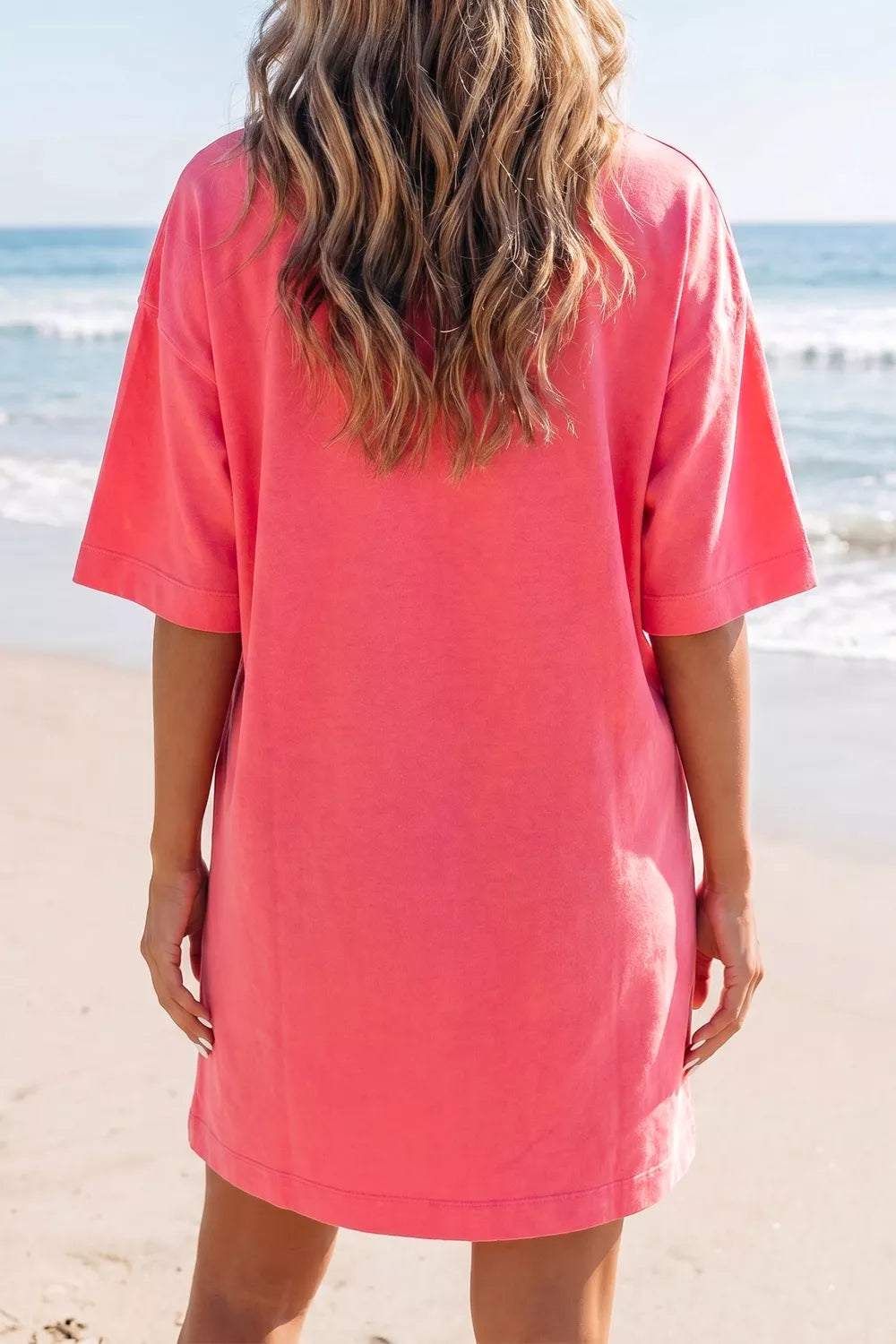 Coral Paradise Drop Shoulder Loose Casual T Shirt Mini Dress