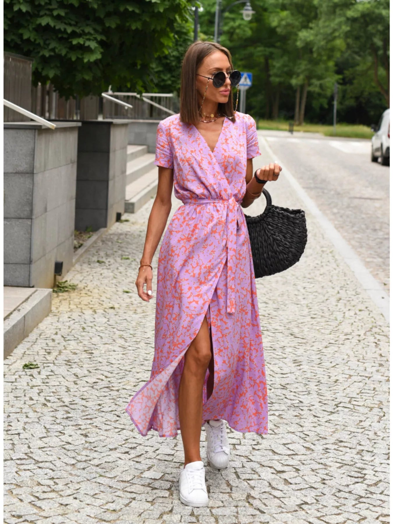 Surplice Short Sleeve Midi Dress