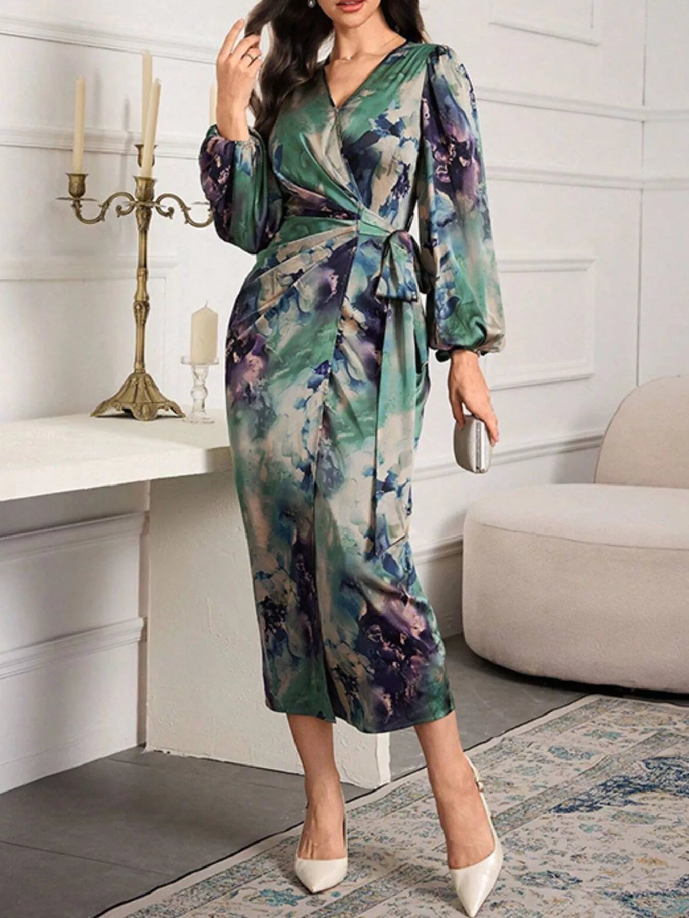Printed Tie Waist Balloon Sleeve Dress