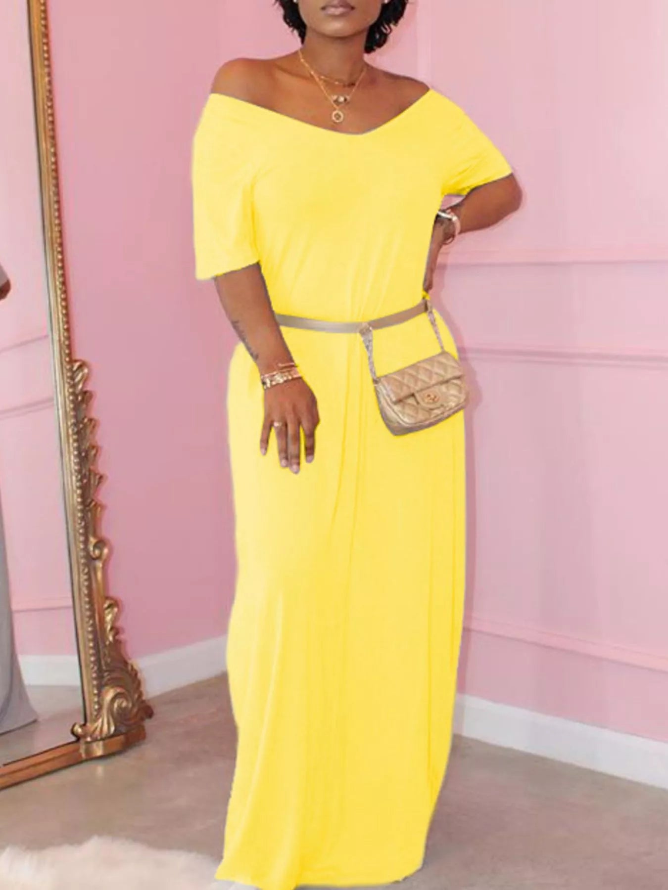 Full Size Solid Color Short Sleeve Maxi Dress Plus Size