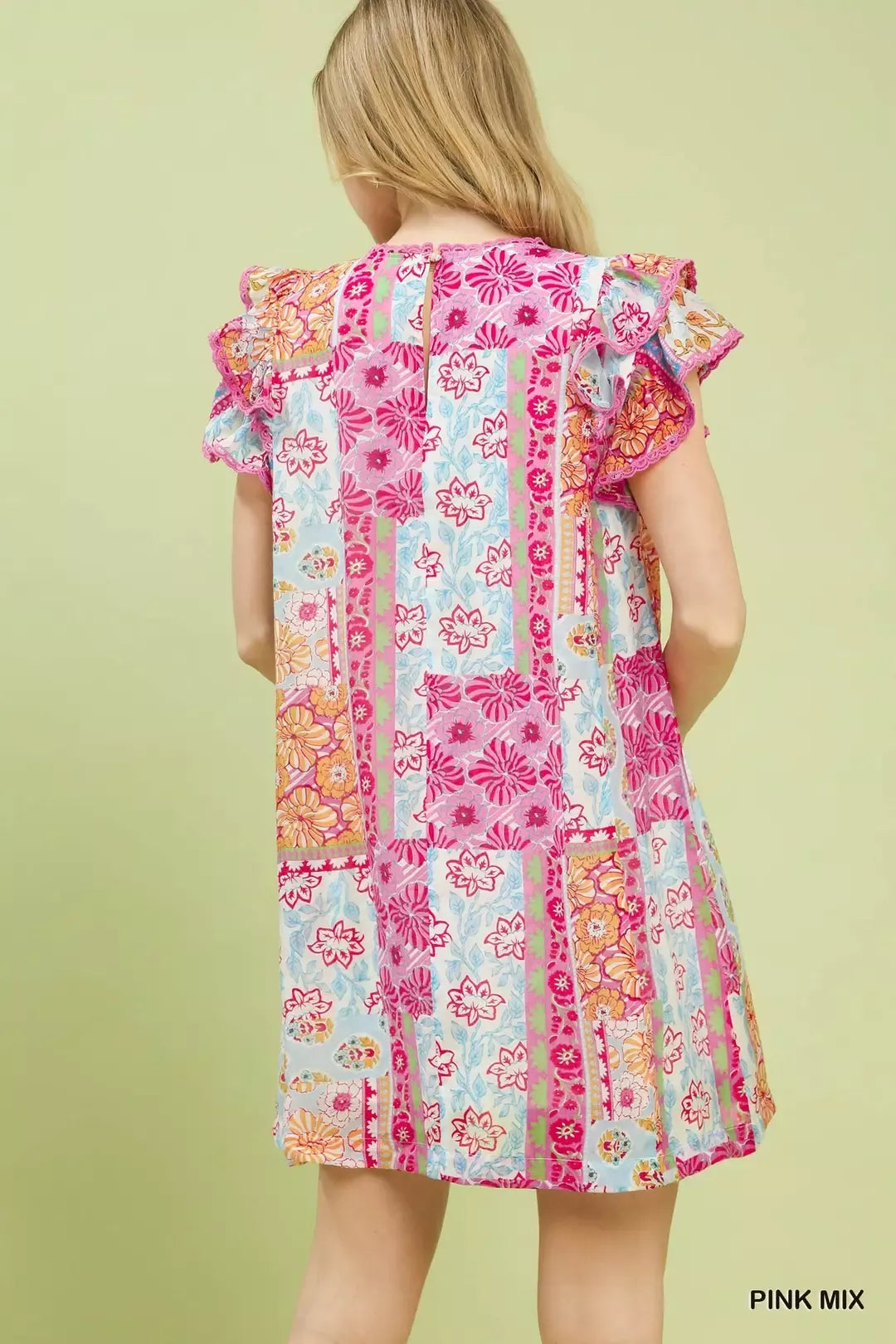 Umgee Mix Patchwork Flutter Sleeve Mini Dress